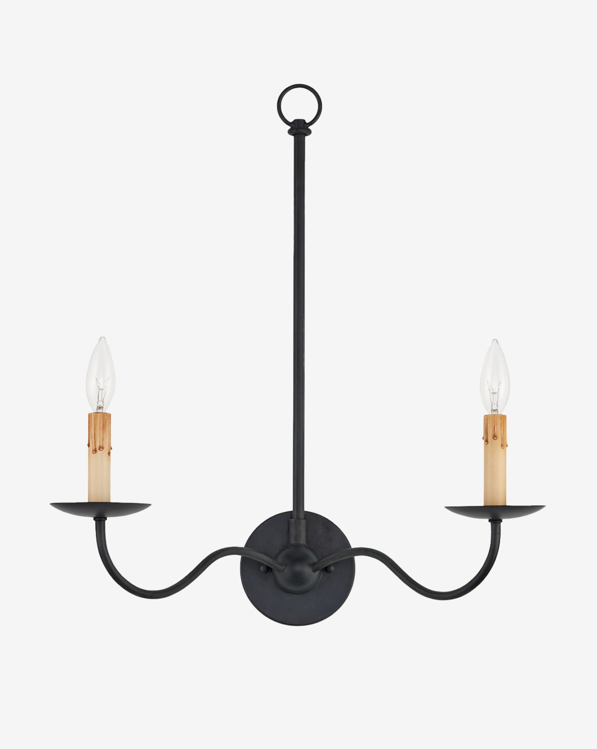The Currey & Co. Saxon Wall Sconce features two arms in black wrought iron with candle-style bulbs and tan sleeves, a central vertical rod, and a circular ring for hanging—offering an elegant modern classic lighting touch by Vendixs