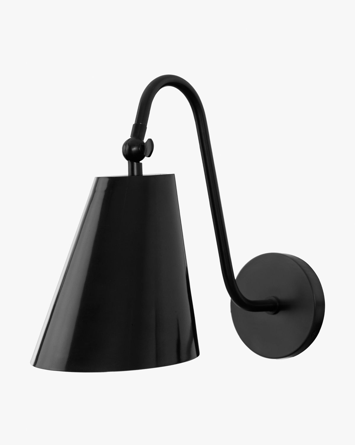 The Makerspalm Saylor Sconce is a modern black fixture with a conical shade, curved arm, and round wall plate, accented in subtle oil-rubbed bronze and shown against a plain white background. Vendixs