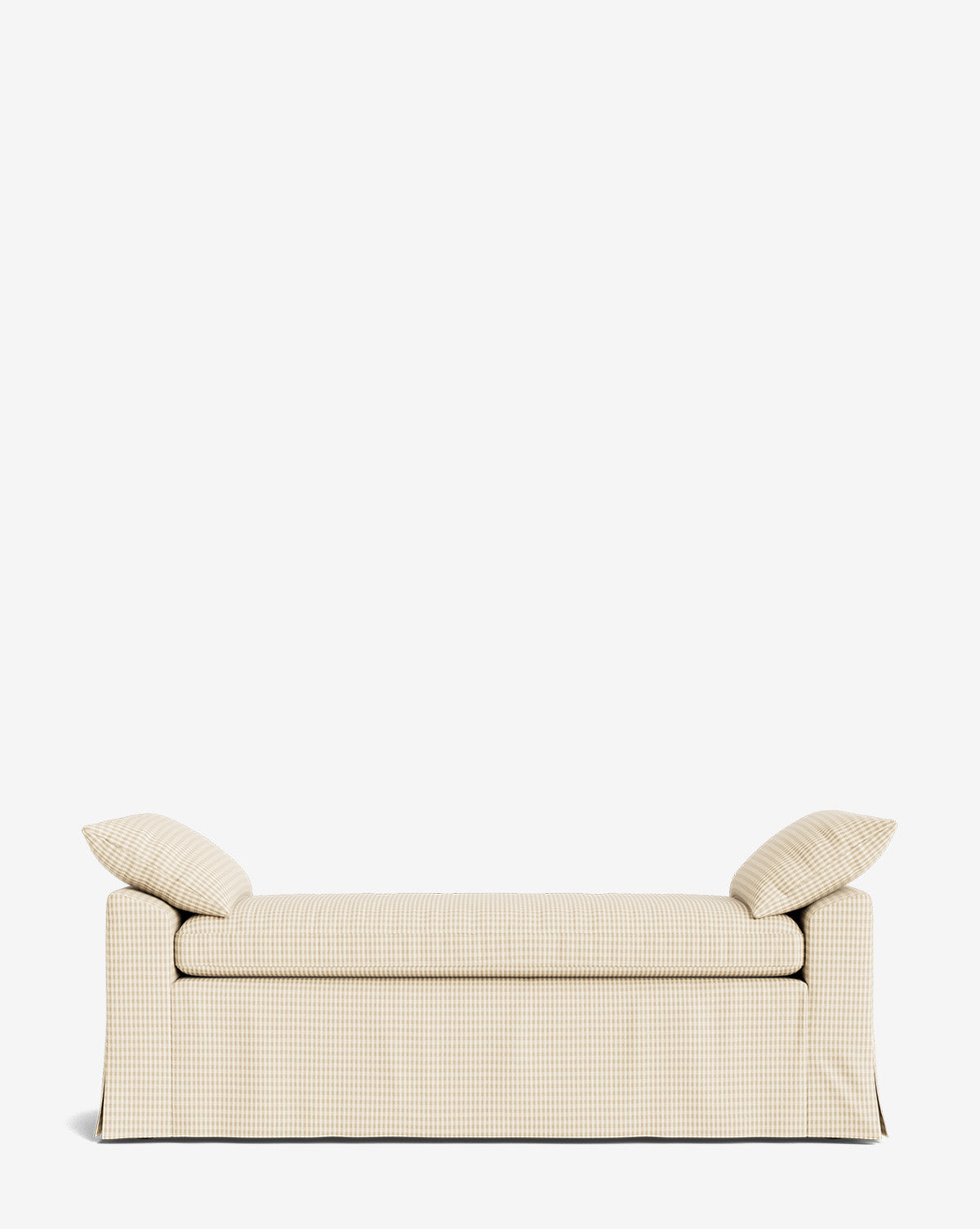 The Scaletta Bench features a beige and white checkered upholstery, two angled backrest cushions, and is crafted from performance fabrics, by Vendixs