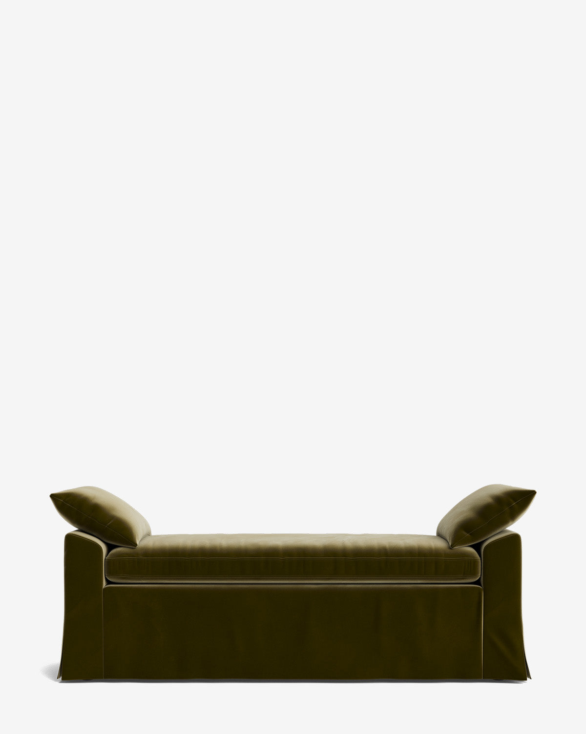 The Scaletta Bench is upholstered in olive green performance fabric with a skirted base and includes two matching angled pillows, shown on a plain white background, by Vendixs