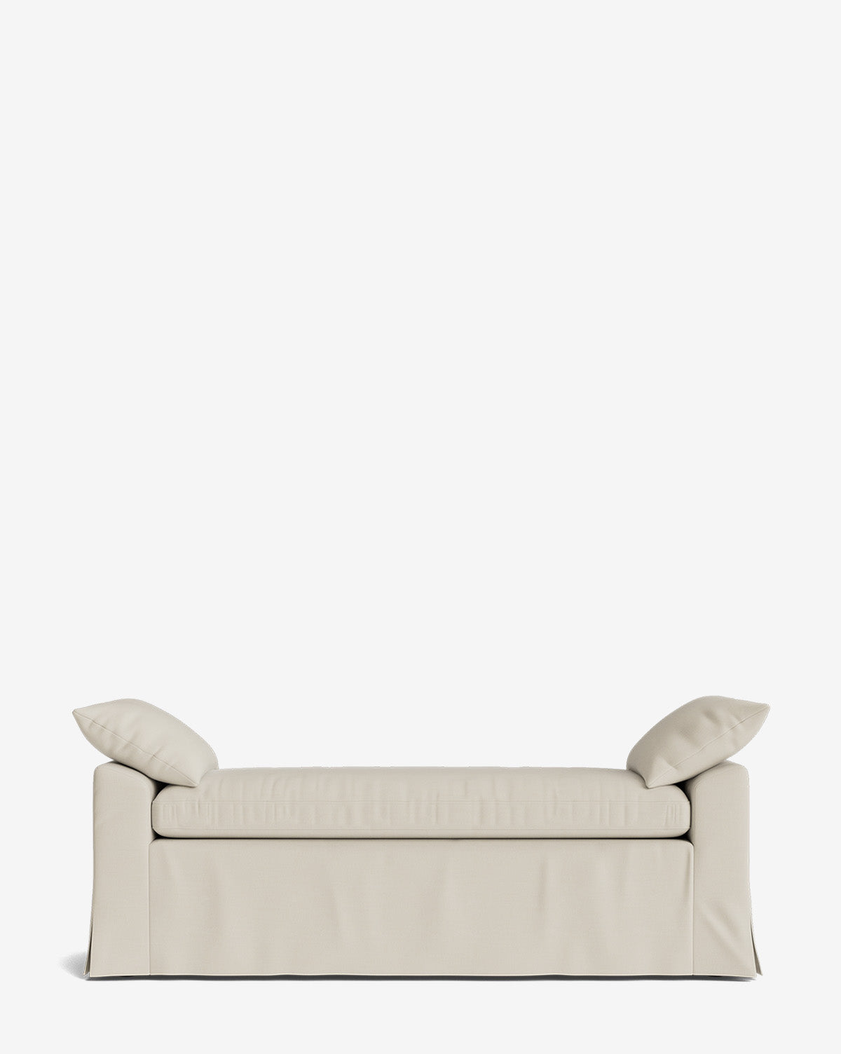 The Scaletta Bench, upholstered in beige performance fabric, includes a skirted base and two outward-angled matching pillows. Set against a plain white background, its elegant design is emphasized, by Vendixs