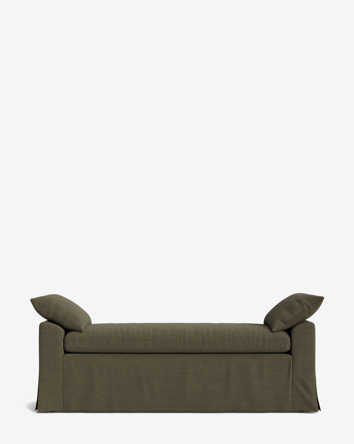 The Scaletta Bench is upholstered in dark olive green performance fabric, featuring two matching angled pillows, a modern skirted base, and a simple silhouette, by Vendixs Shown against a plain white background.