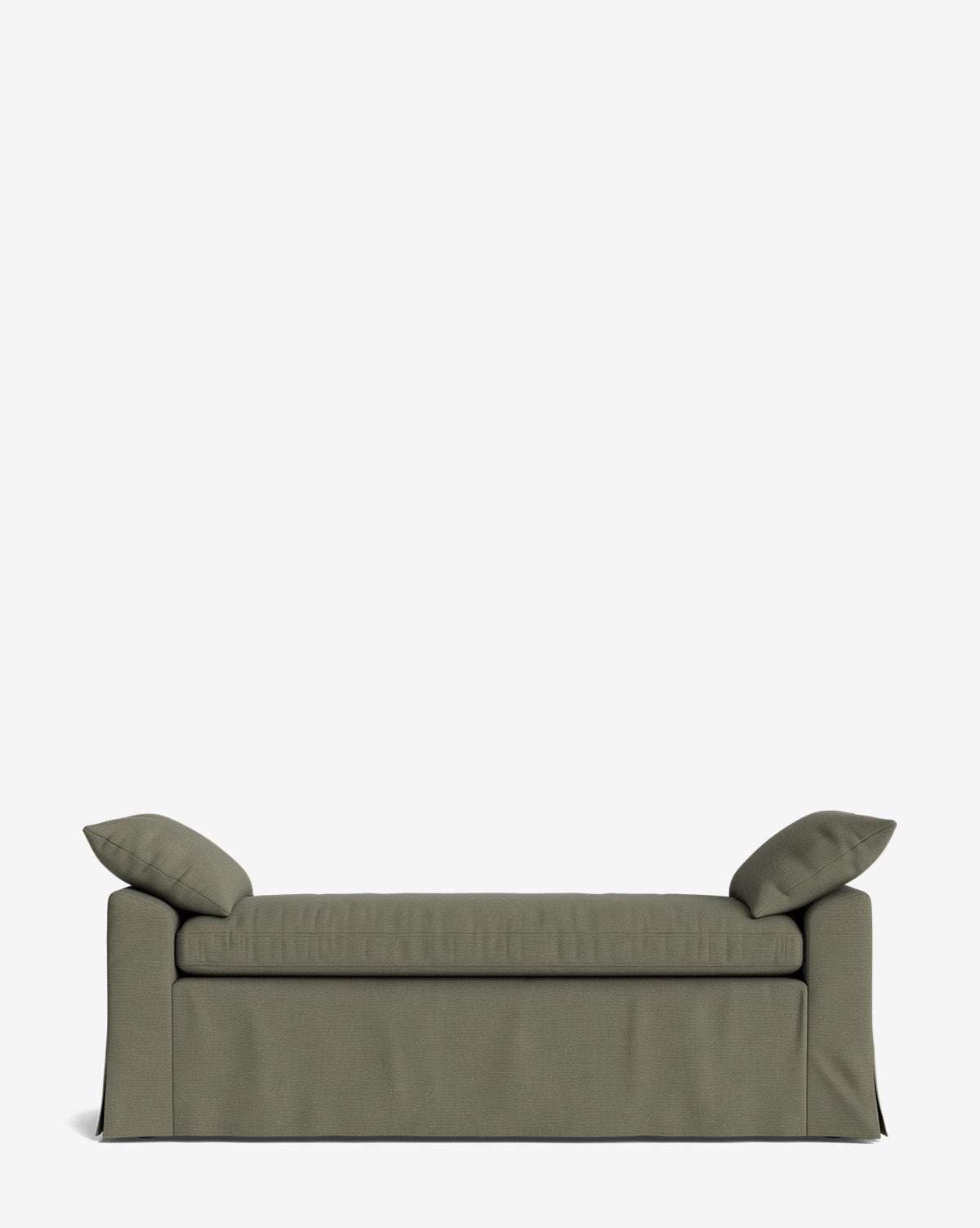 The Scaletta Bench is a green, rectangular seat in performance fabric with a skirted base and two matching angled pillows, shown on a plain white background by Vendixs