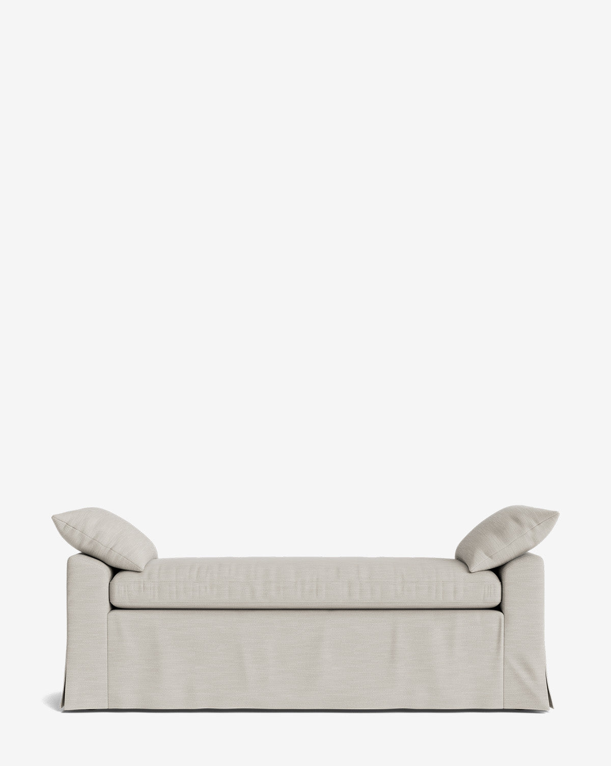 The Scaletta Bench, upholstered in beige performance fabric with a skirted base, includes two matching cushions by the armrests and is displayed against a plain white background by Vendixs