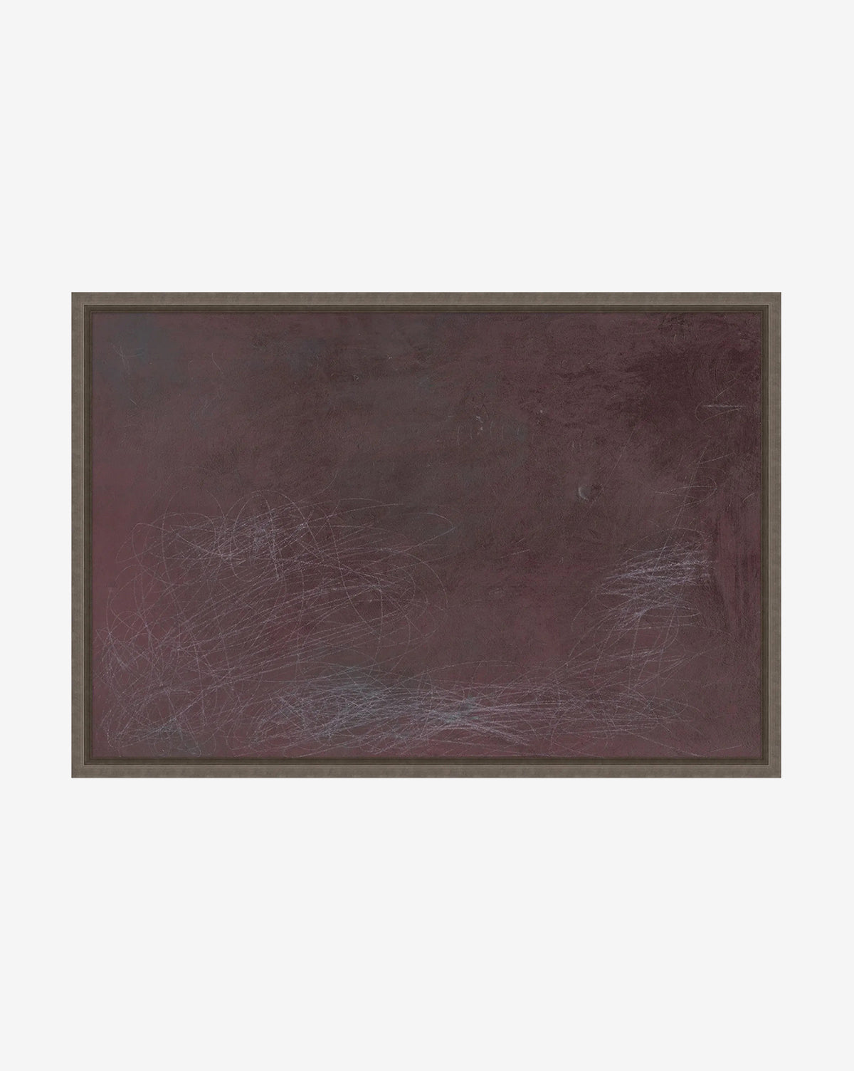 Scarlet Scribbles: A rectangular, dark brown chalkboard wall art with a wooden frame, featuring faint white chalk marks and scratches, designed in gallery-quality abstract style against a plain white background, by Vendixs