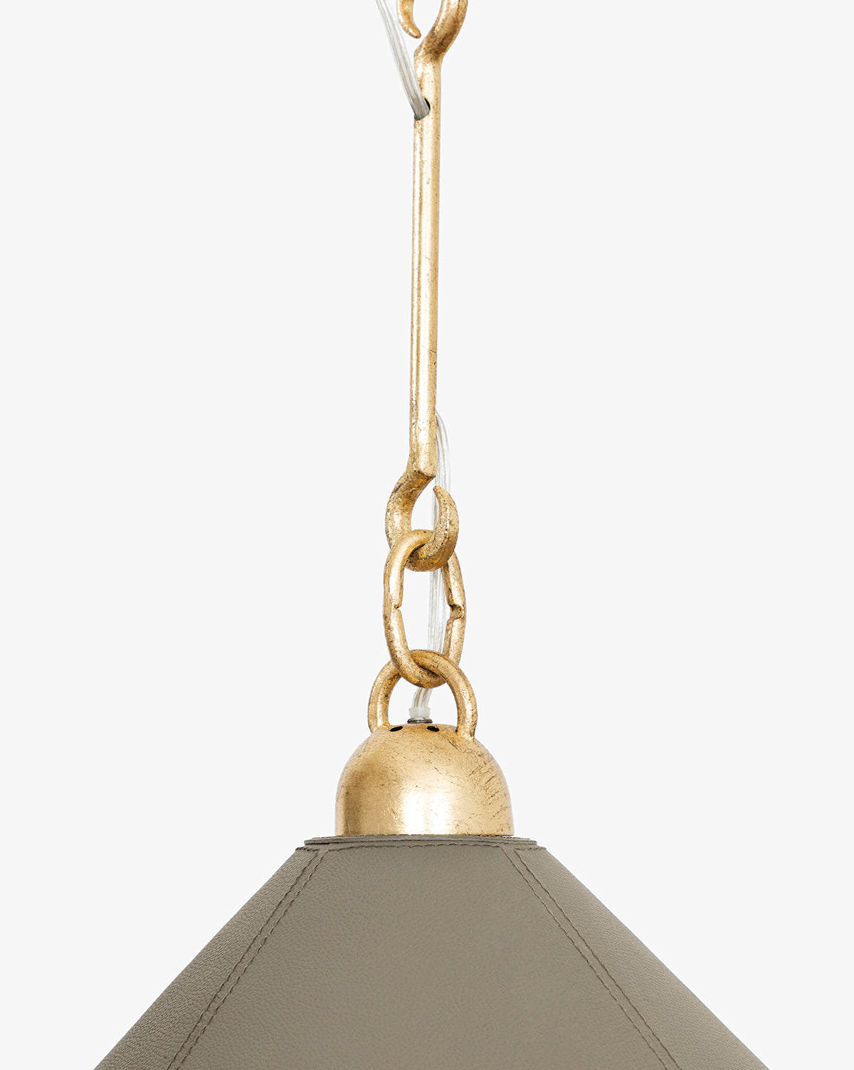 Close-up of the Scarlett Pendant, highlighting its gold-leafed iron chain and dome-shaped grey lampshade, providing elegant illumination against a plain white background, by McGee & Co.