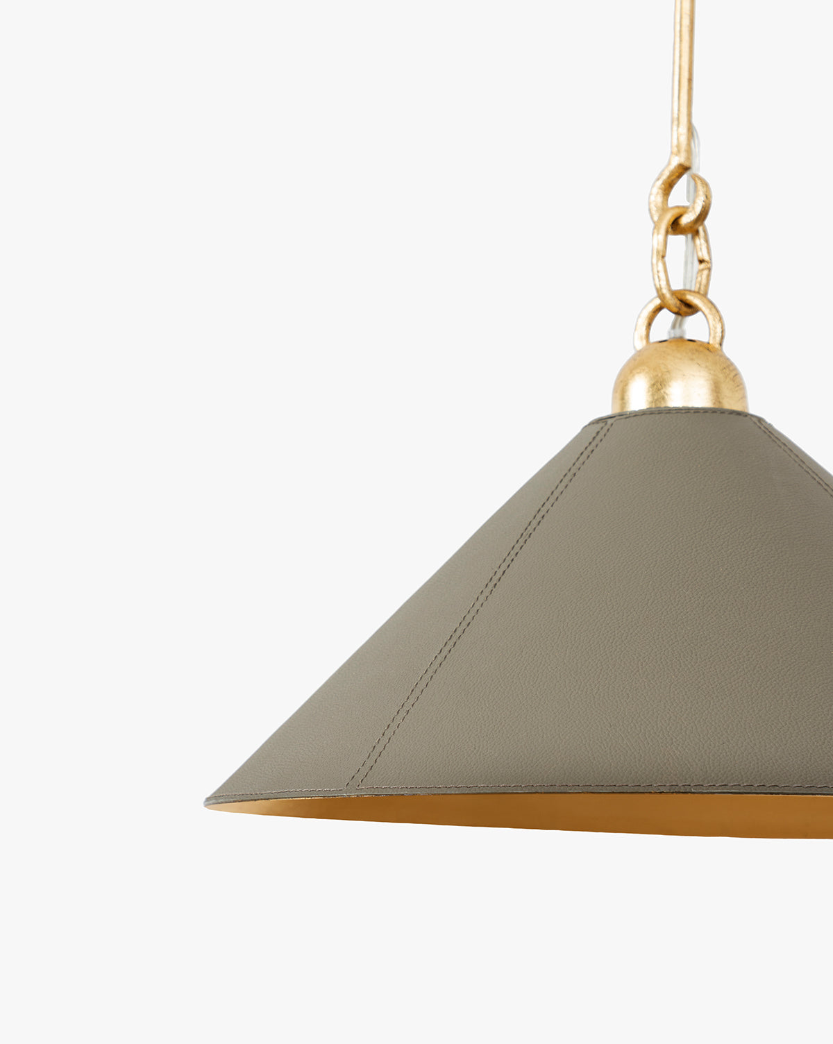 The Scarlett Pendant features a matte gold leafed iron chain and conical taupe shade with visible stitching, shown here against a plain white background, by Vendixs