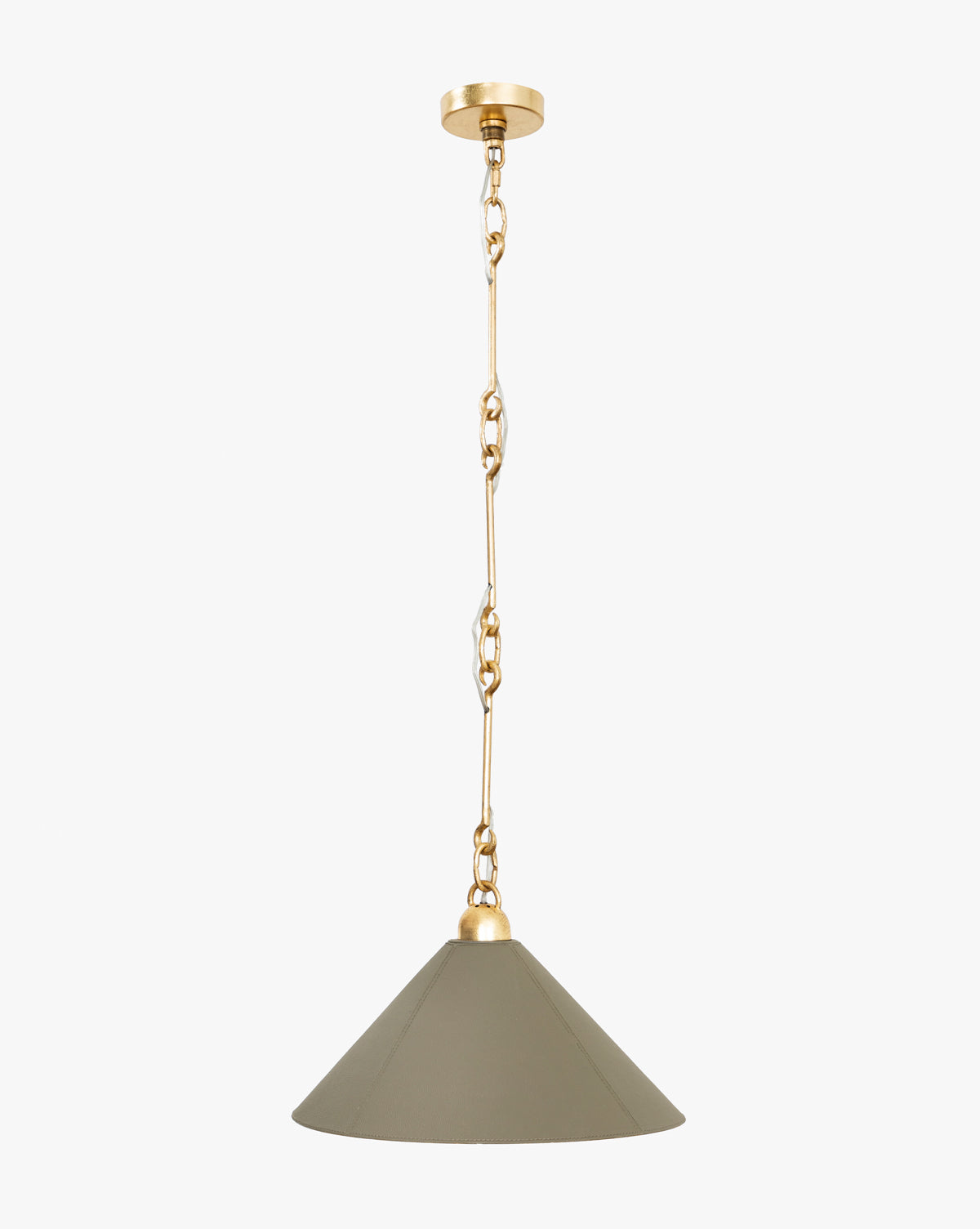 The Scarlett Pendant features a wide, conical olive green shade and gold leafed iron chain, suspended from a gold ceiling fixture—ideal for adding modern elegance to any space, by Vendixs