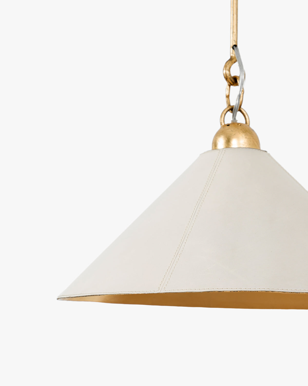 A close-up of the Scarlett Pendant, showcasing its wide conical white shade with elegant gold leafed iron accents on the top and interior, set against a plain white background, by Vendixs