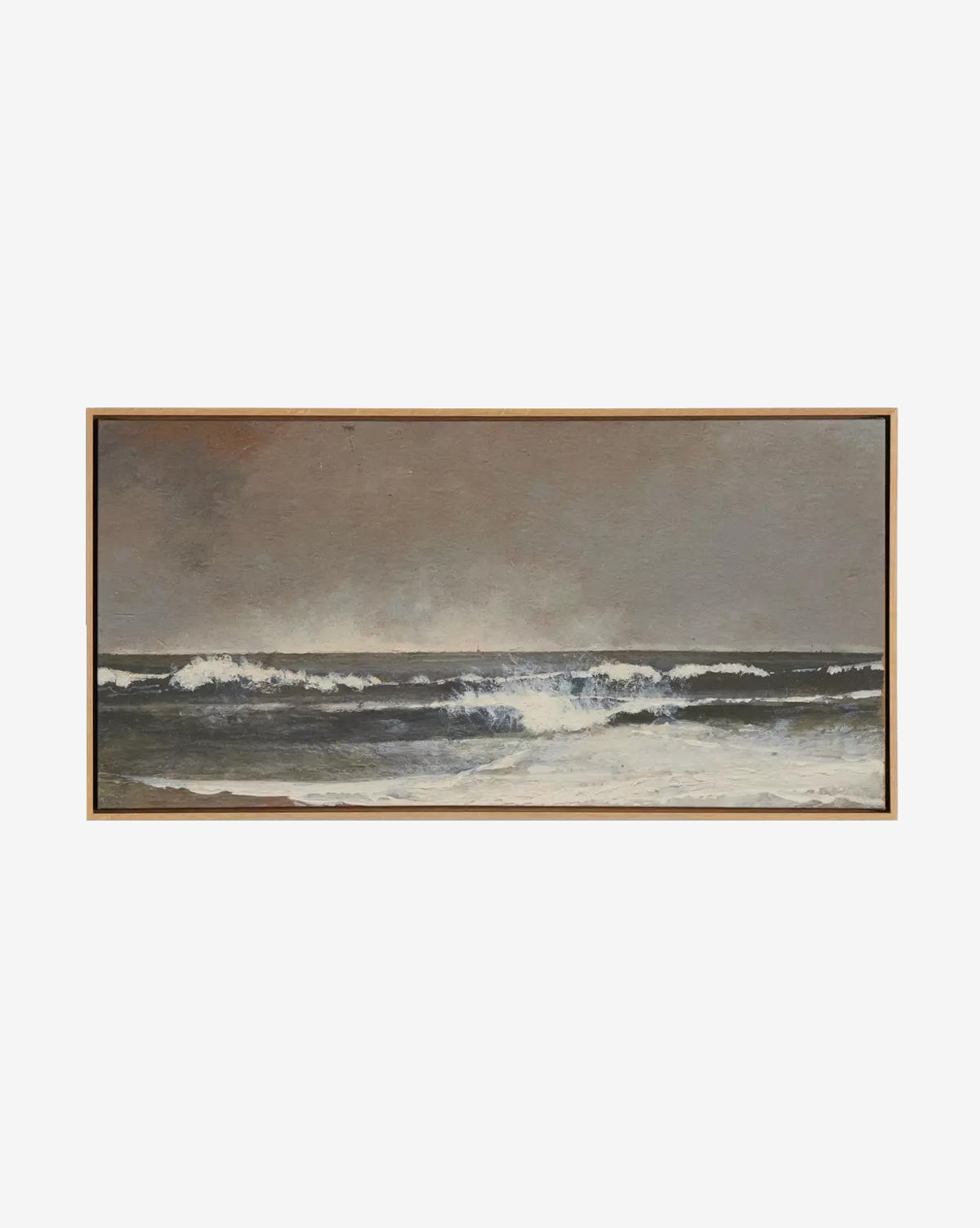 Seafoam by Aileen Fitzgerald depicts ocean waves crashing beneath a cloudy sky in muted, earthy tones with swirling white foam. This seascape comes in a simple white oak frame—ideal for adding style to any home decor, by Vendixs