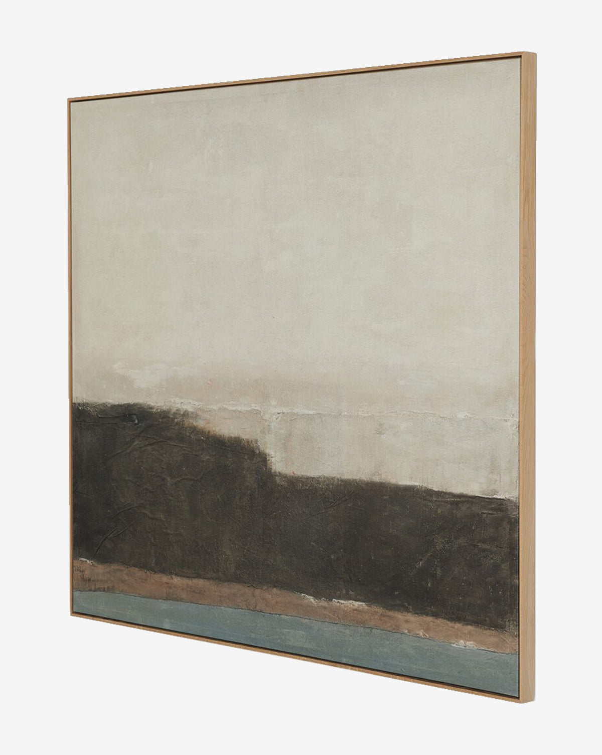 Sediment by Paul Meyer is a minimalist abstract landscape featuring a textured cream upper half, dark brown horizontal band, and muted teal strip on gallery-quality canvas with a simple white oak frame, by McGee & Co.