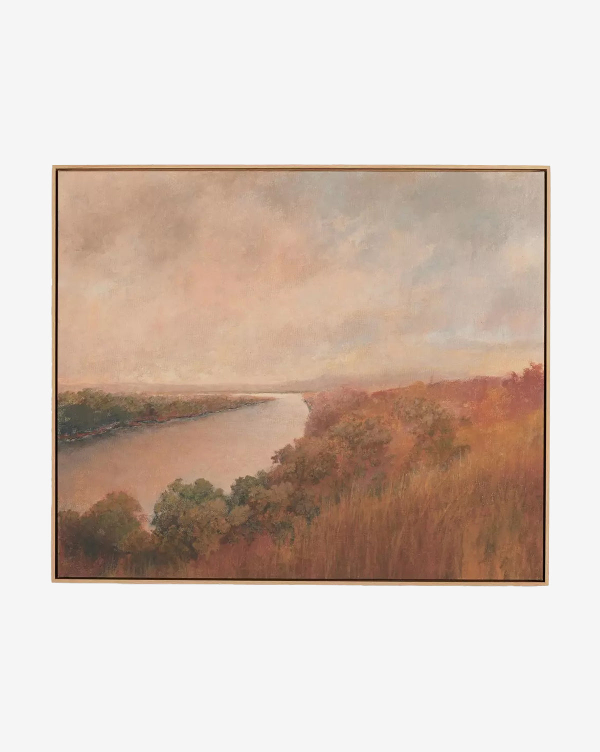 Seeing in Color by Aileen Fitzgerald features a serene landscape with a winding river, earthy trees and grasses, and soft lighting beneath a cloudy sky. Detailed brushwork adds calmness, all set in an elegant white oak frame, by Vendixs