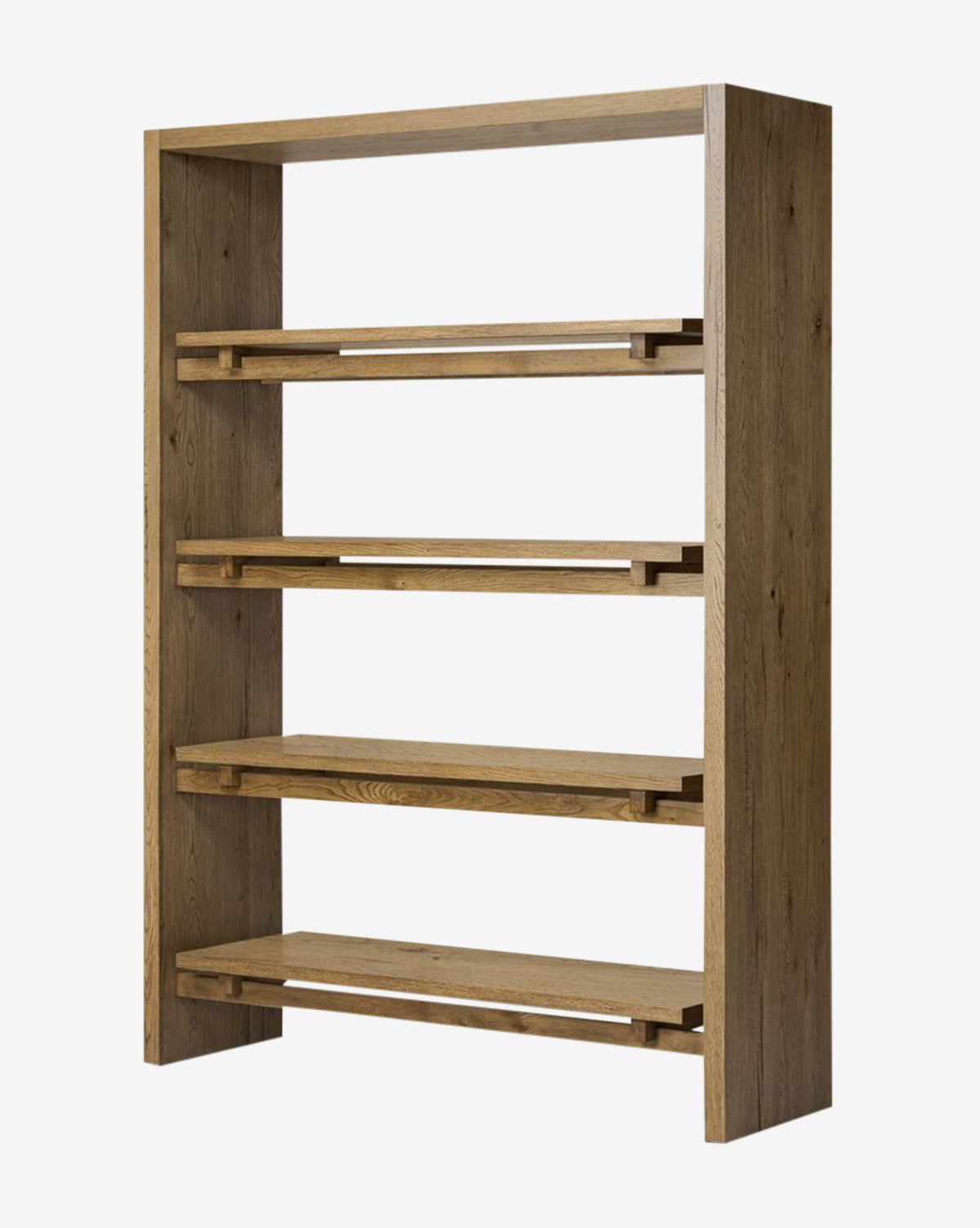 The Selene Bookcase is a modern oak bookshelf with four wide, evenly spaced shelves. Its simple, organic design and natural finish highlight the beautiful wood grain against a crisp white background, by Vendixs