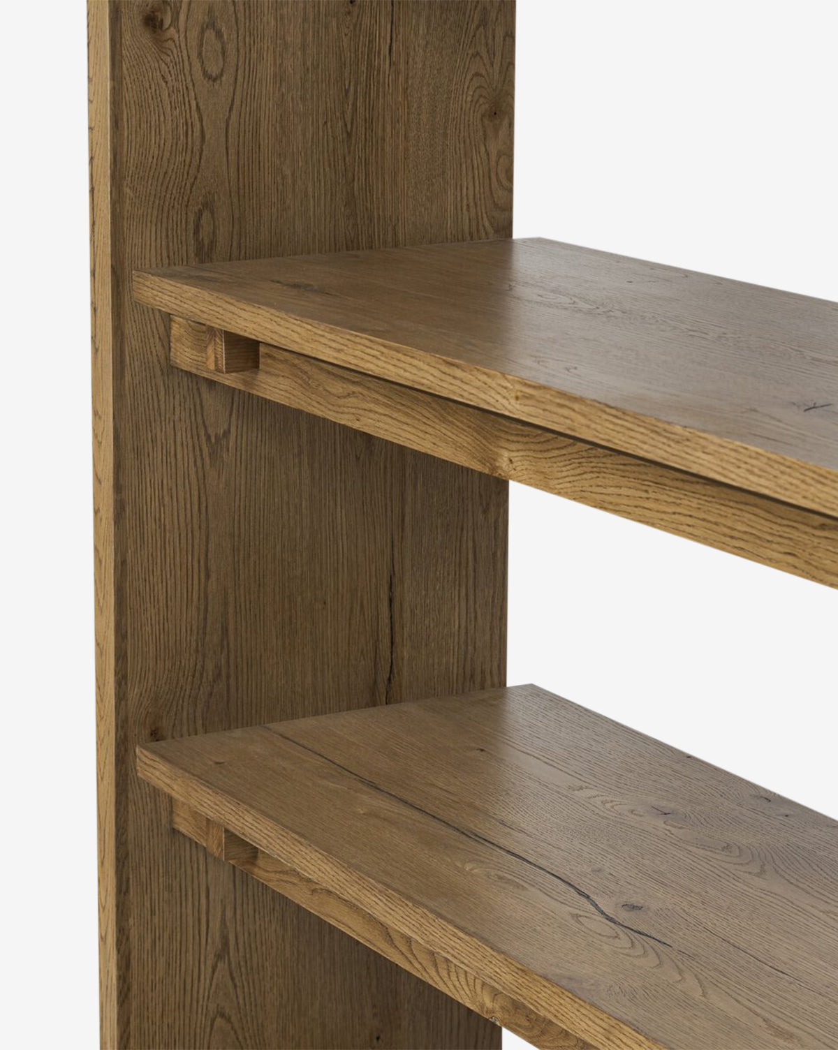 Close-up of the Selene Bookcase featuring two shelves and a side panel, emphasizing the natural wood grain and organic design, by Vendixs