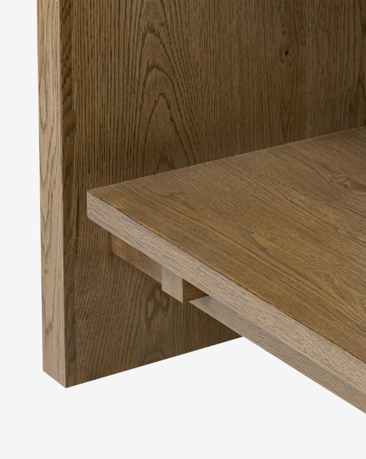 Close-up of a corner of the Selene Bookcase, highlighting the texture, wood grain, and detailed joinery that showcase its modern organic design, by Vendixs