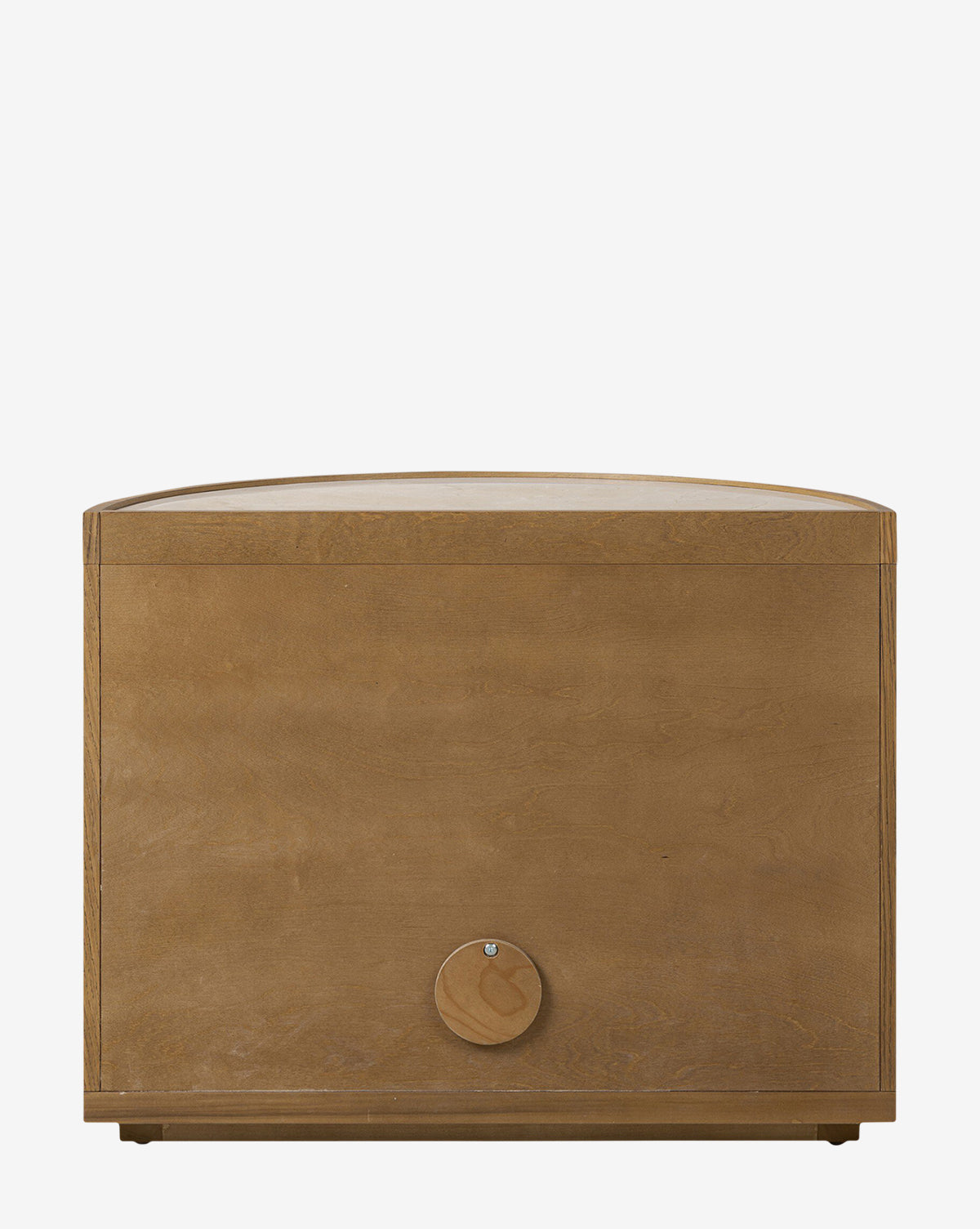 A wooden Selma Nightstand features a smooth finish, flat top, and a circular disc detail at the bottom center of the front panel, by Vendixs It is set against a plain white background.