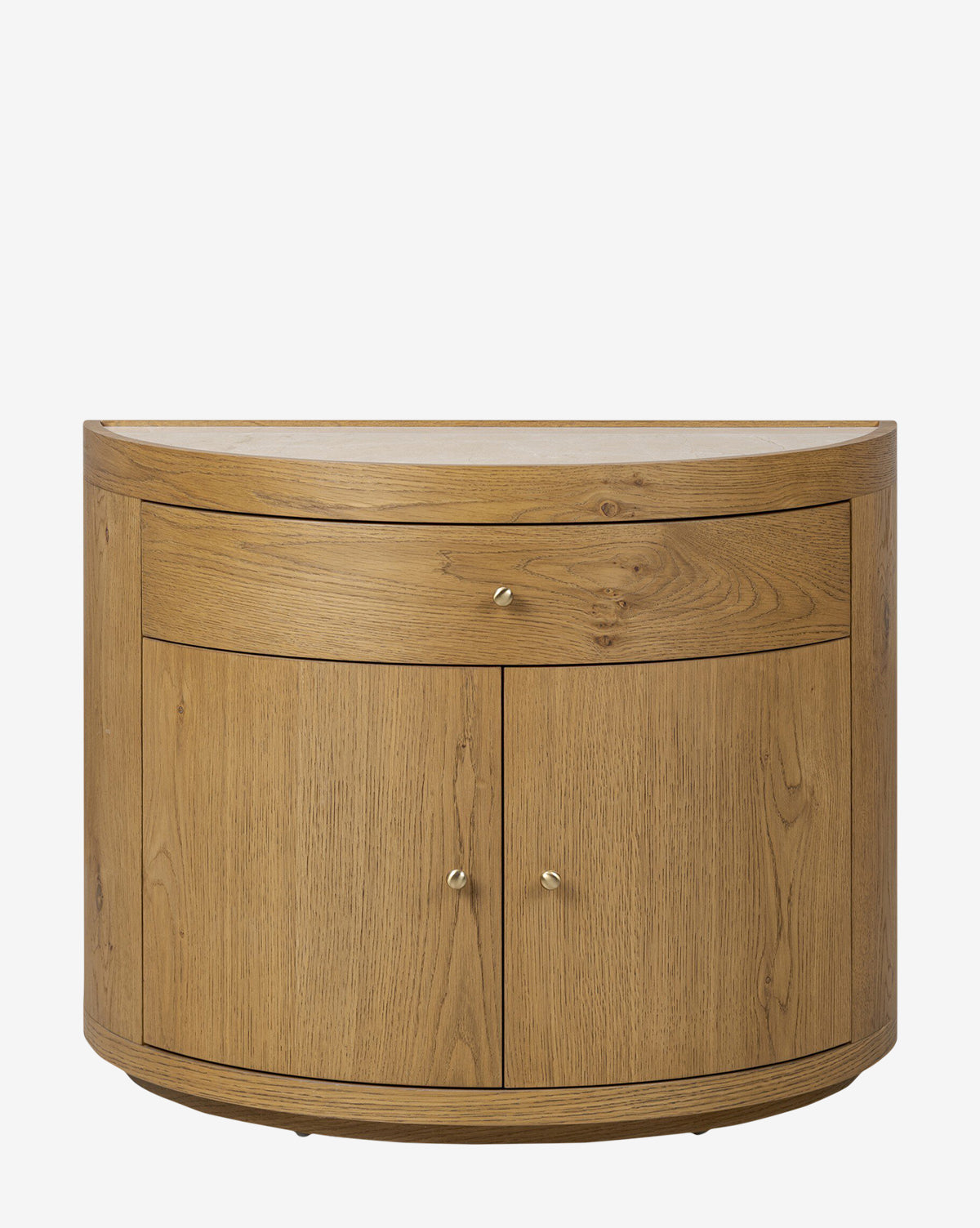 The Selma Nightstand is a modern, semi-circular oak veneer piece with a natural finish and visible wood grain, featuring one drawer and two doors with round metal knobs—perfect for any room, by McGee & Co.