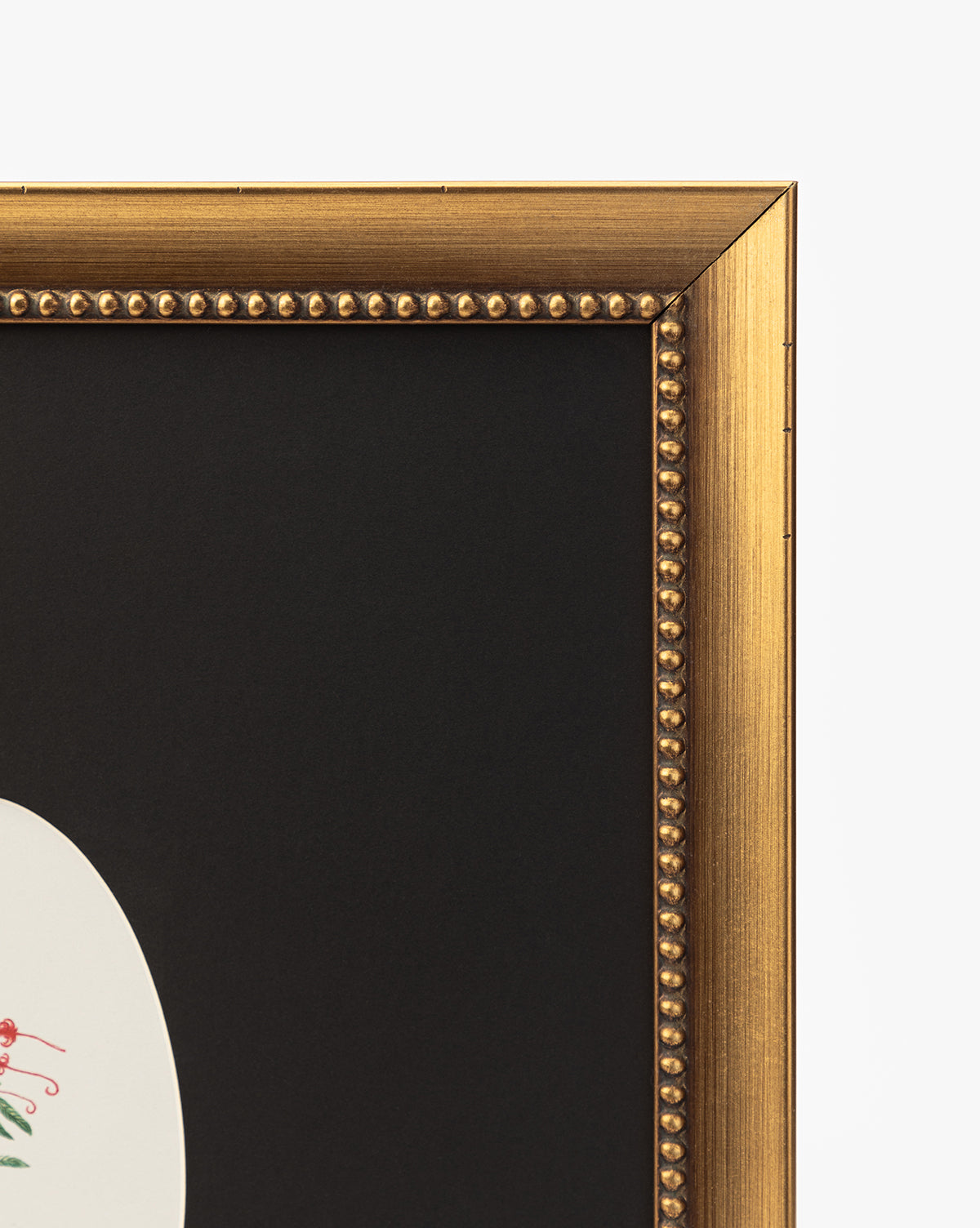 Close-up of the top right corner of a gold-finished wood frame with a beaded inner edge and black mat, partially revealing the Single Blooms 2 wall art featuring a small botanical detail on a white background by Vendixs