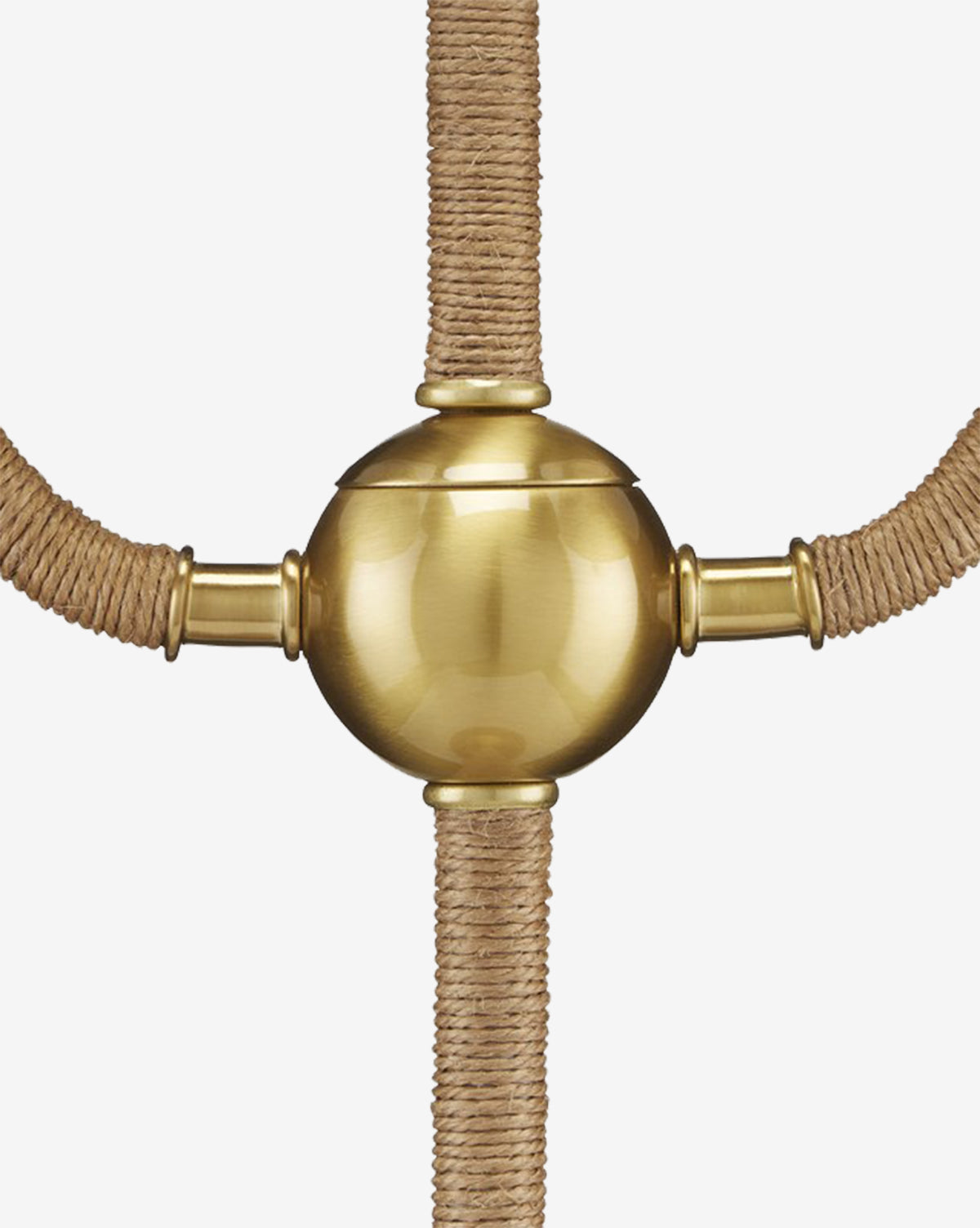 The Sirocco Desk Lamp is a shiny gold-metal sphere with four cylindrical connectors, attached to thick tan ropes wrapped in twine and arranged in a cross pattern, displayed on a white background by Vendixs
