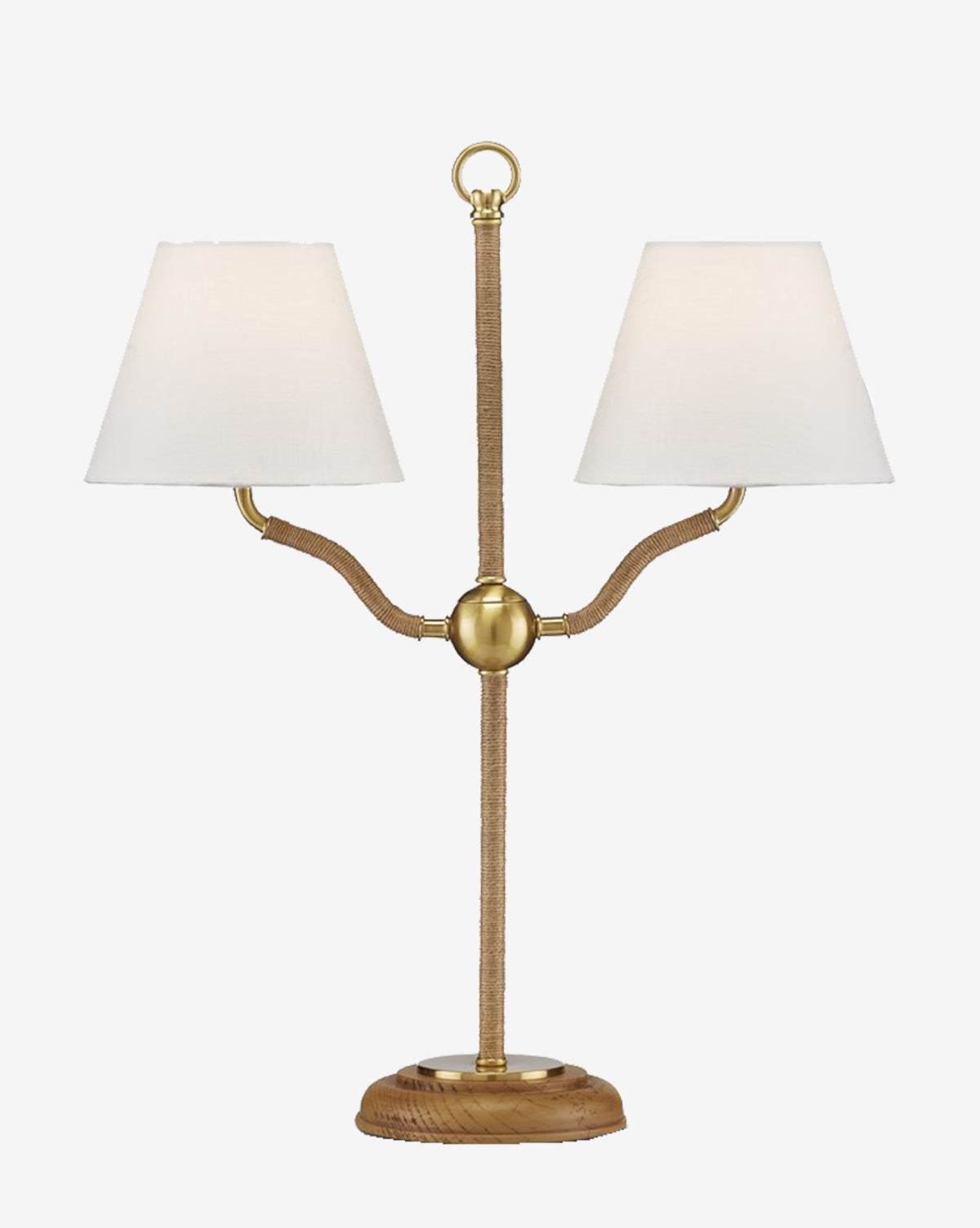 The Sirocco Desk Lamp by Currey & Co. is a two-arm table lamp with a brass and wood base, two white fabric shades, and a central brass sphere—an elegant addition to any home office. Vendixs