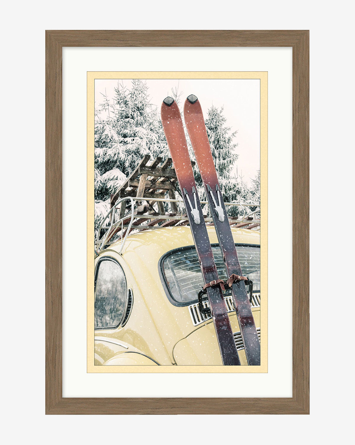 The Ski Buggy is a framed photo art piece featuring vintage red skis attached to a yellow car parked before snow-covered pine trees in winter, all set in a stylish wood frame, by Vendixs