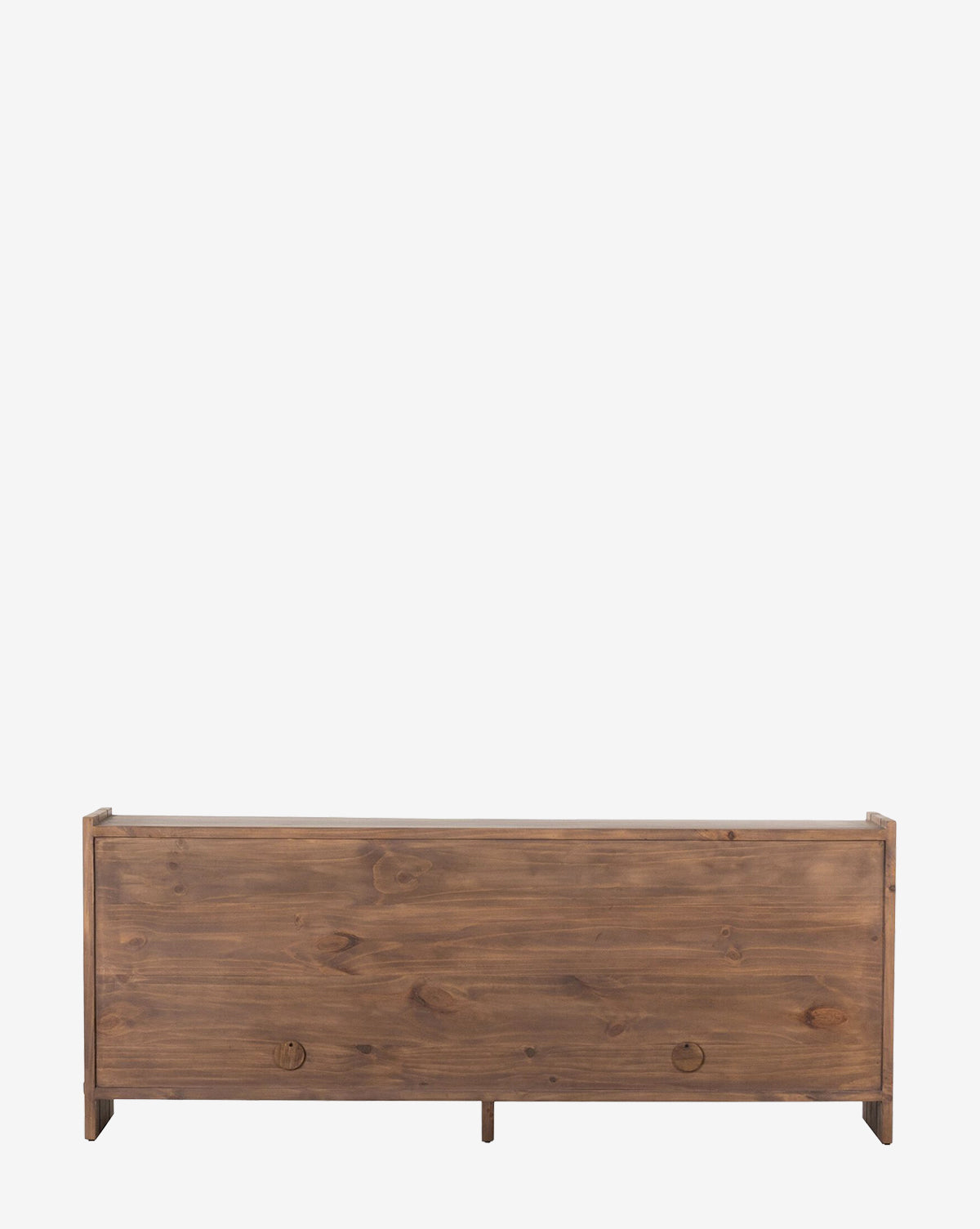 The Sloane Sideboard is a wooden storage bench with a rectangular shape, smooth front panel showcasing visible wood grain, and two round cut-out handles, reflecting the clean lines of European midcentury design against a plain white background, by Vendixs