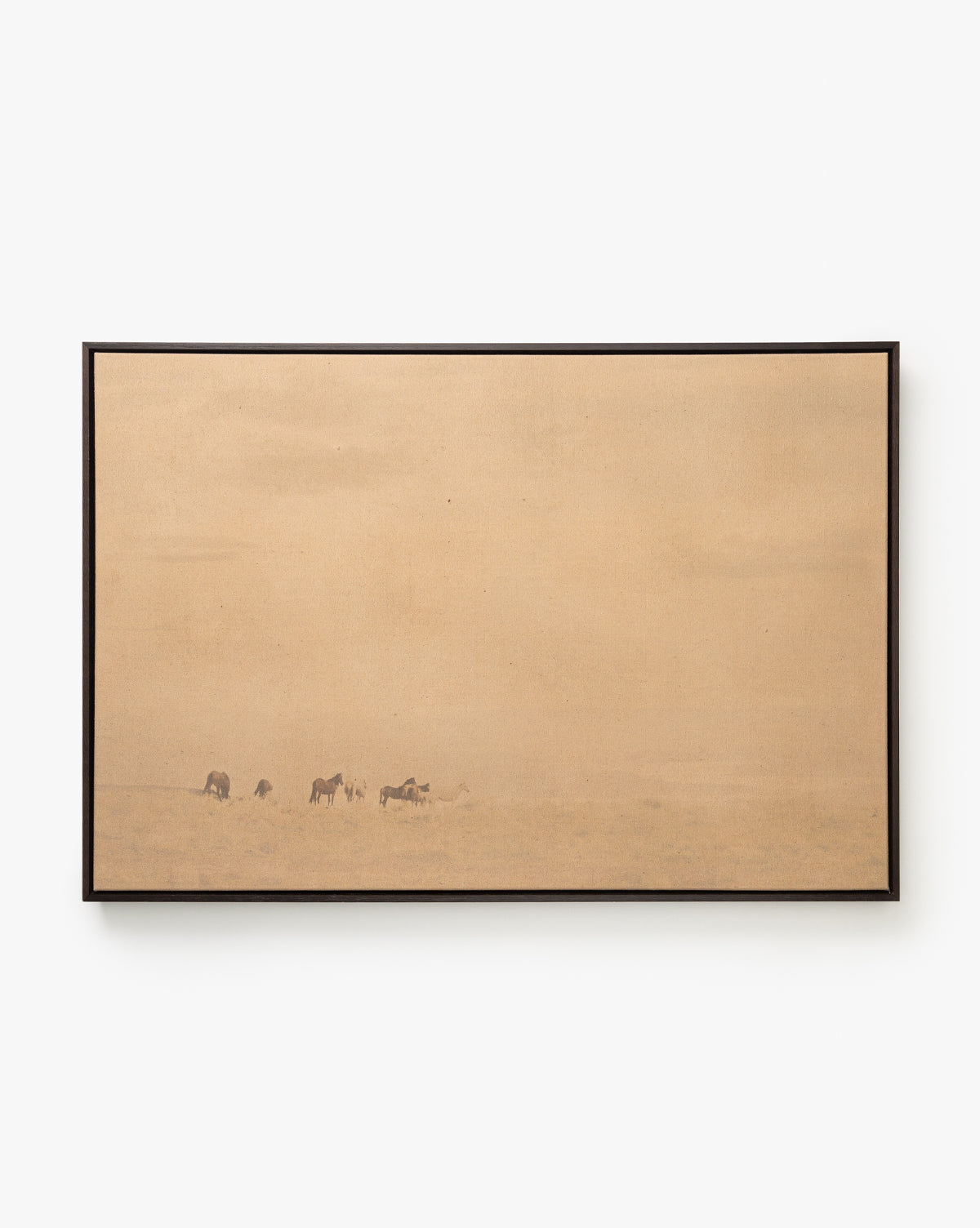 Smokey Pasture is a minimalist country landscape wall art, featuring a tan background with subtle outlines of grazing animals in the lower left, evoking feelings of emptiness and vast open space, by Vendixs