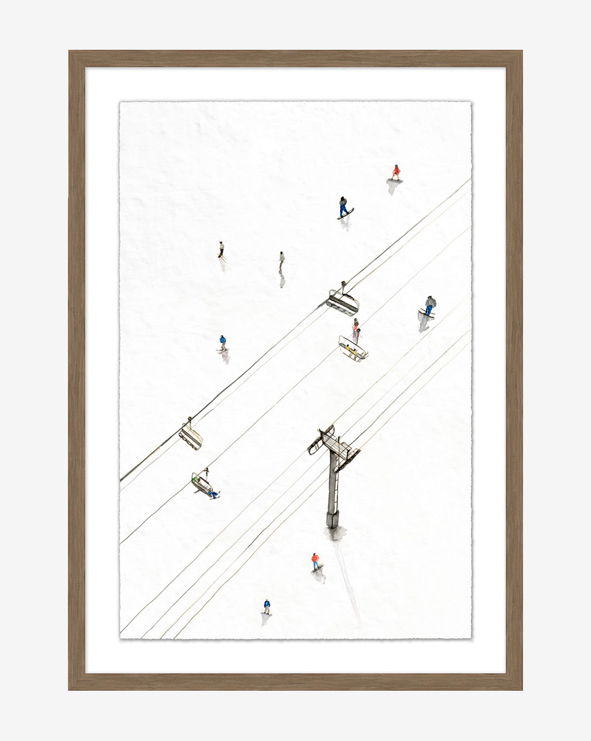 Snowy Ski Lift I is a minimalist watercolor print featuring skiers and a ski lift from above. This winter wall art comes beautifully framed in a simple brown wooden frame, perfect for adding seasonal charm to your space, by Vendixs