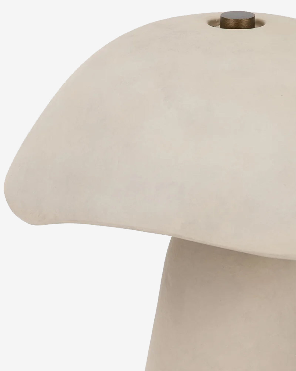 Close-up of the Soloma Table Lamp, a mushroom-shaped piece crafted in artisan white ceramic with a smooth, rounded top and a small metallic knob—ideal for lovers of contemporary design, by Vendixs