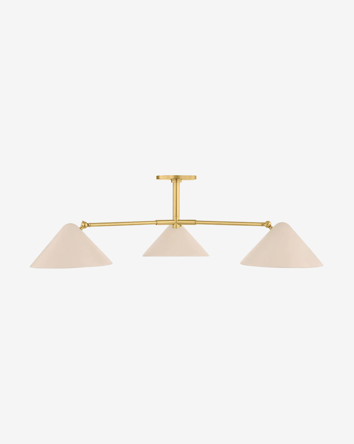 The Sonja Chandelier by Hudson Valley Lighting features an aged brass frame with three white conical shades in a row, offering minimalist, mid-century modern style to any space. Vendixs
