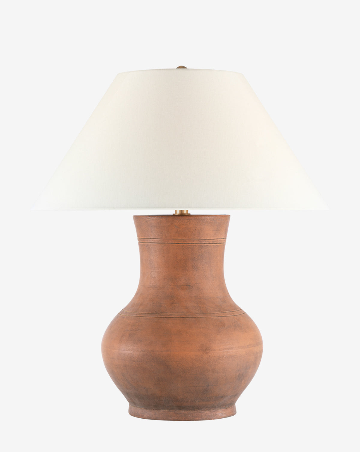 The Sorrento Table Lamp showcases a wide, rounded terracotta base paired with a large white linen shade, offering an elegant accent to any space, by Vendixs