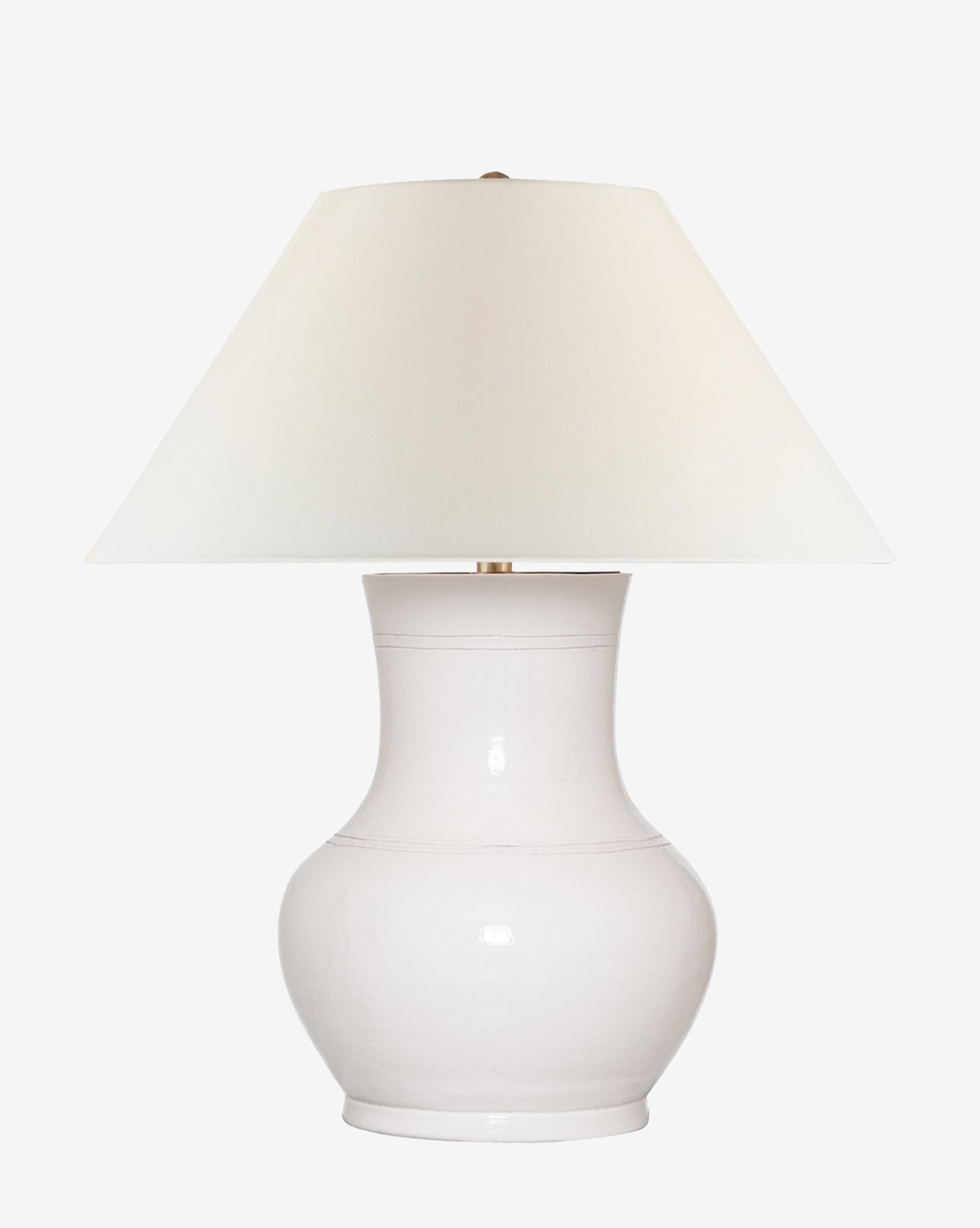 The Sorrento Table Lamp by Visual Comfort & Co. Signature features a white ceramic base and a large, slightly tapered white linen shade, set against a plain white background. Vendixs