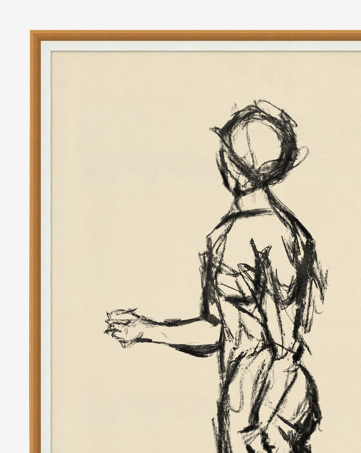 Soulful Silhouette is a gallery-quality charcoal sketch of a standing human figure in profile, facing left. Expressive lines energize the piece, which is elegantly framed in light wood on a cream background, by Vendixs