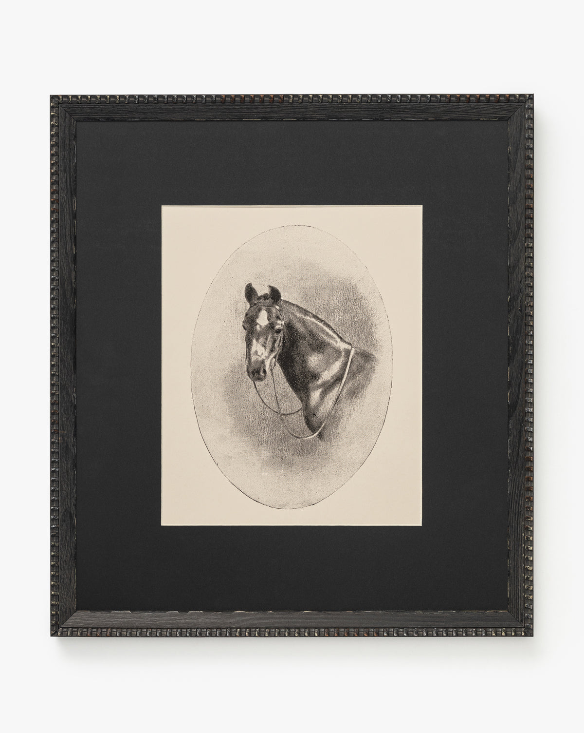 The Spirit wall art features a framed black-and-white horse portrait in profile, wearing a bridle and centered in a circular border on a plain background. A dark, textured black frame adds an elegant, striking finish, by Vendixs