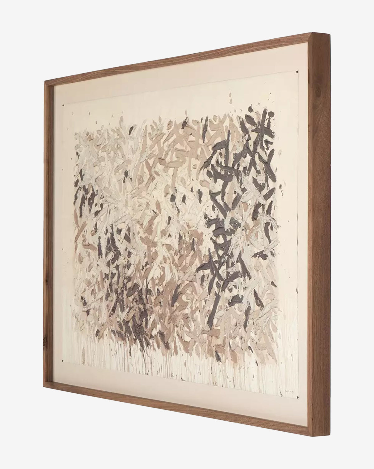“Still His People” by Tyler Guinn is a framed abstract wall art with layered beige, brown, and black brushstrokes on matte canvas in a walnut frame, creating a textured, modern look ideal for contemporary interiors, by McGee & Co.