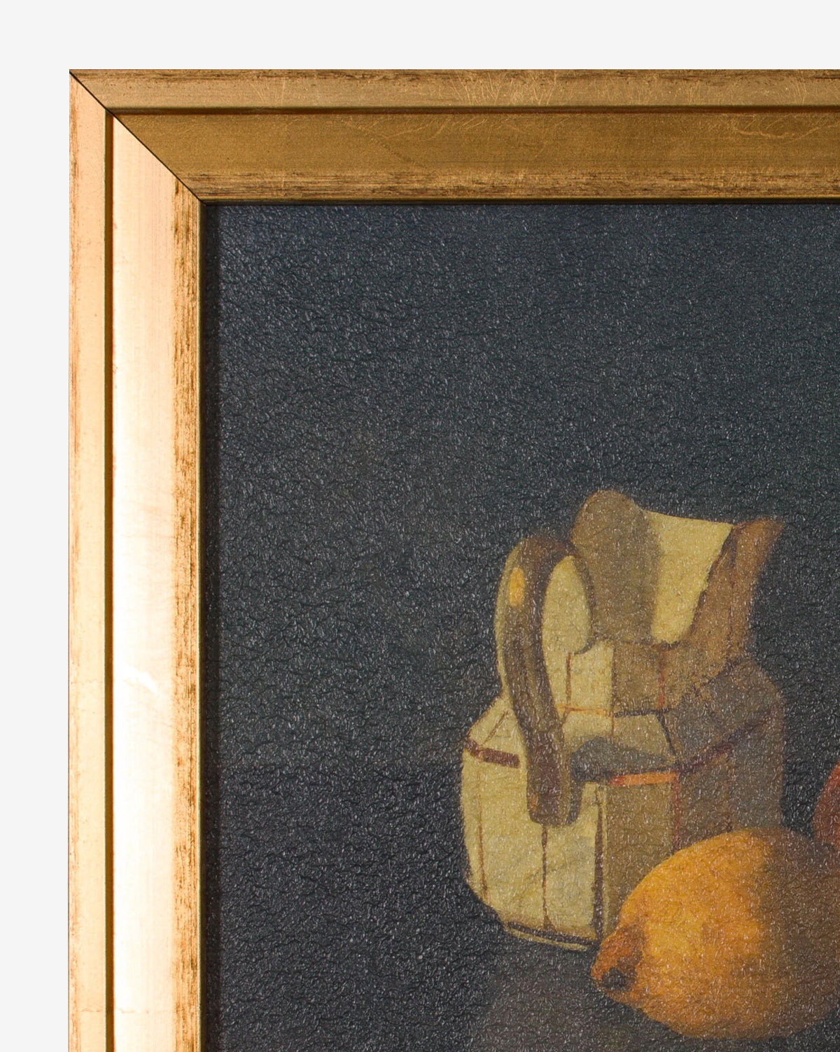 A close-up of framed artwork displays Still Life of Oranges with a Bowl canvas wall art, featuring oranges in a bowl on a dark surface. The wooden frame is finished in elegant gold, by Vendixs