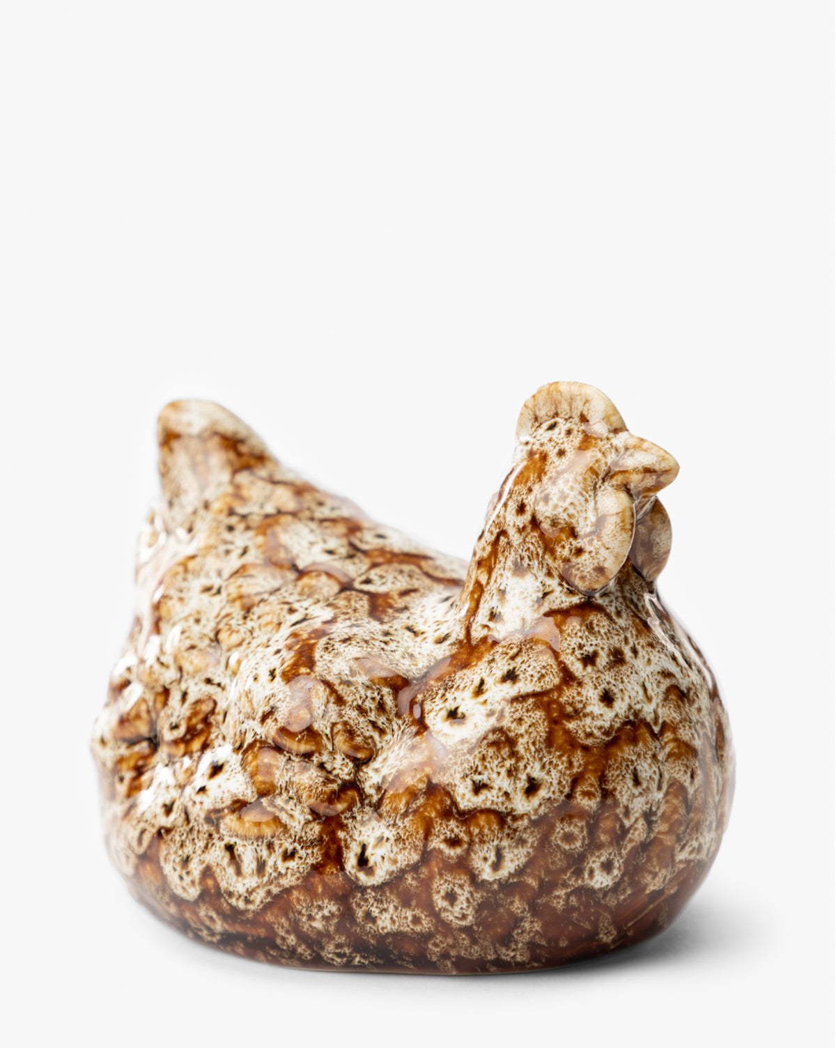 A set of 2 small brown and beige Stoneware Hens with a textured, speckled glaze—ideal for artisanal tabletops or adding rustic charm, by Vendixs Shown against a plain white background.