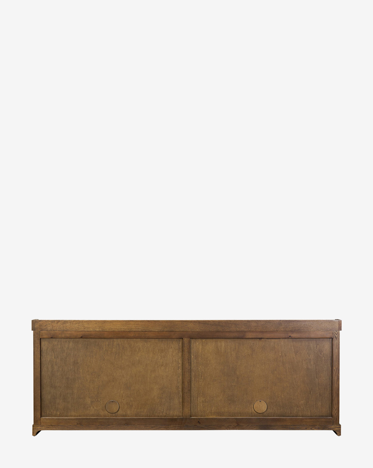 The Stonington Oak Sideboard is a vintage-inspired wooden storage bench in weathered washed oak, featuring a rectangular shape, two sliding doors with circular cut-out handles, shown on a plain white background by Vendixs