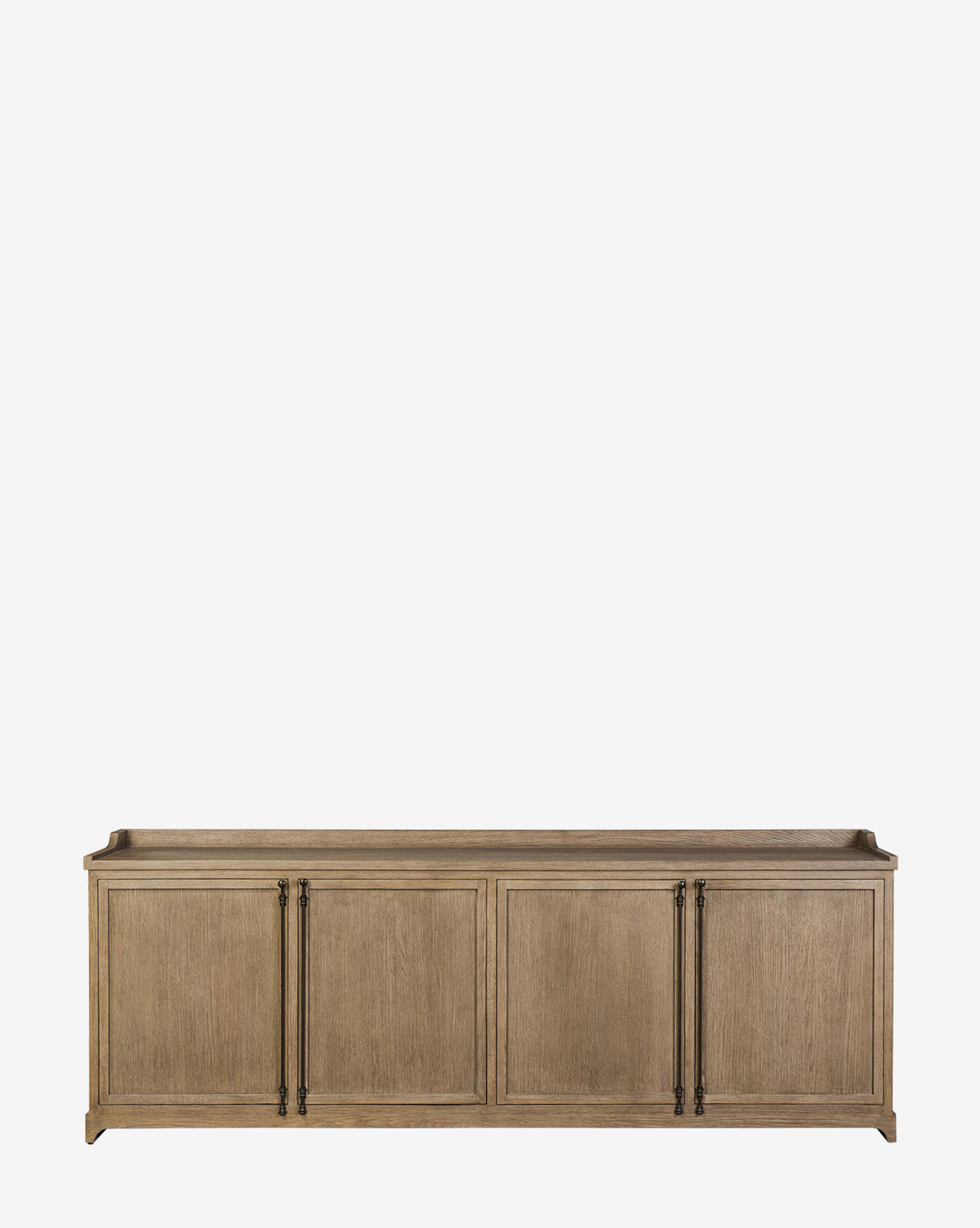 The Stonington Oak Sideboard features a vintage-inspired design with a light brown weathered washed oak finish, four cabinet doors, and long black metal handles, shown against a plain white background by Vendixs