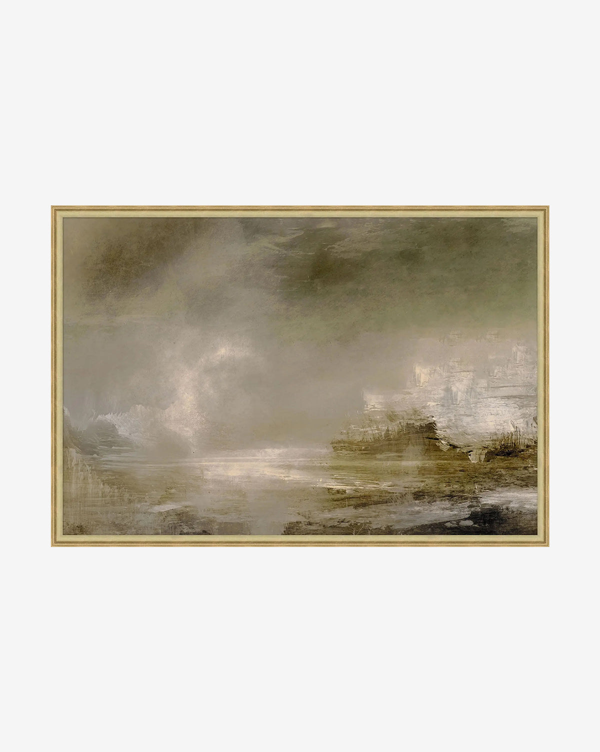 Storms Eye by Dan Hobday features abstract, muted tones of gray, beige, and green with soft brushstrokes, evoking a foggy landscape. Beautifully presented as nature wall art in a gold frame, by Vendixs