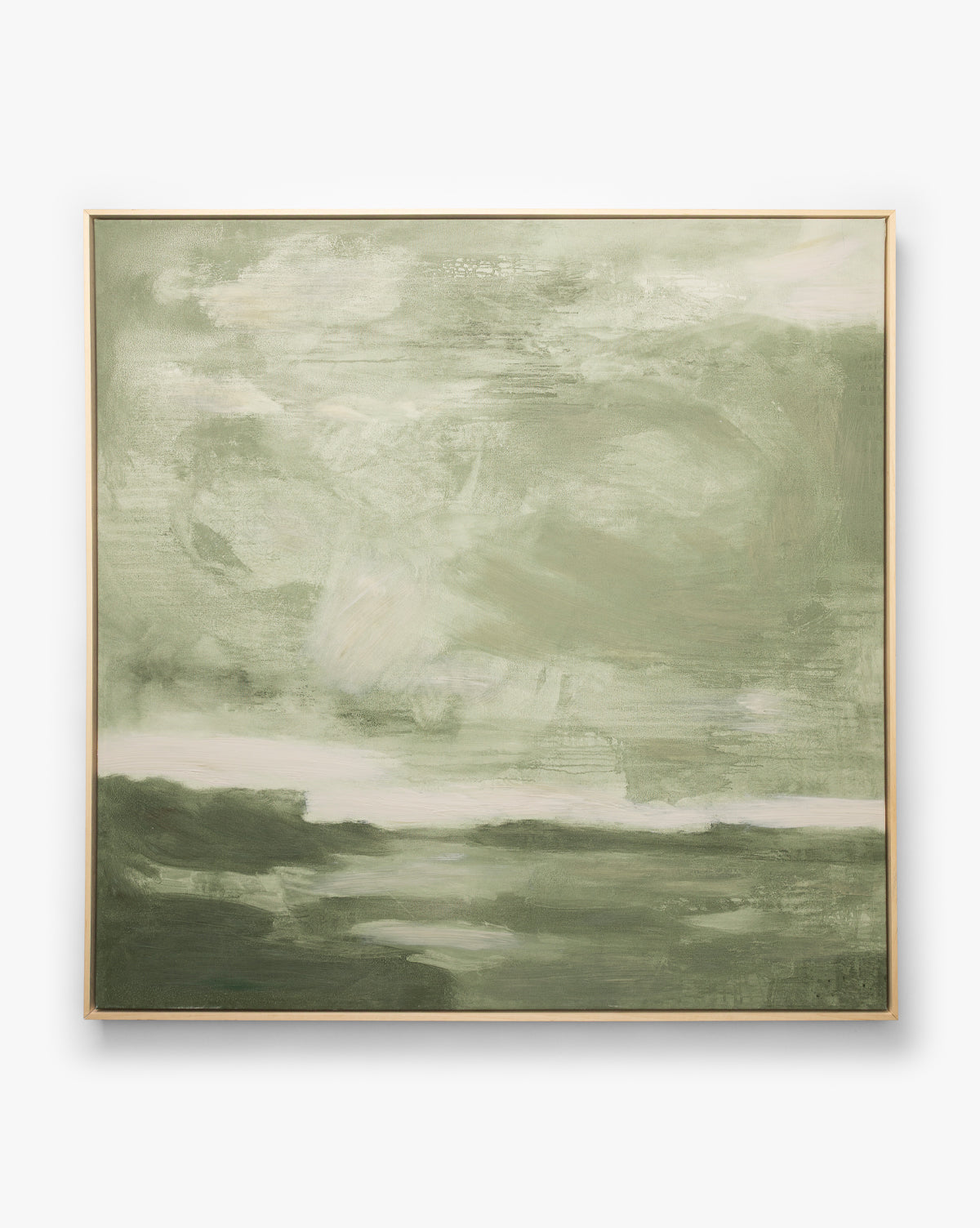“Stormy Sky Afternoon” is a gallery-wrapped canvas wall art featuring soft green and white hues with broad, blended brushstrokes that evoke a cloudy sky above a tranquil landscape, by Vendixs
