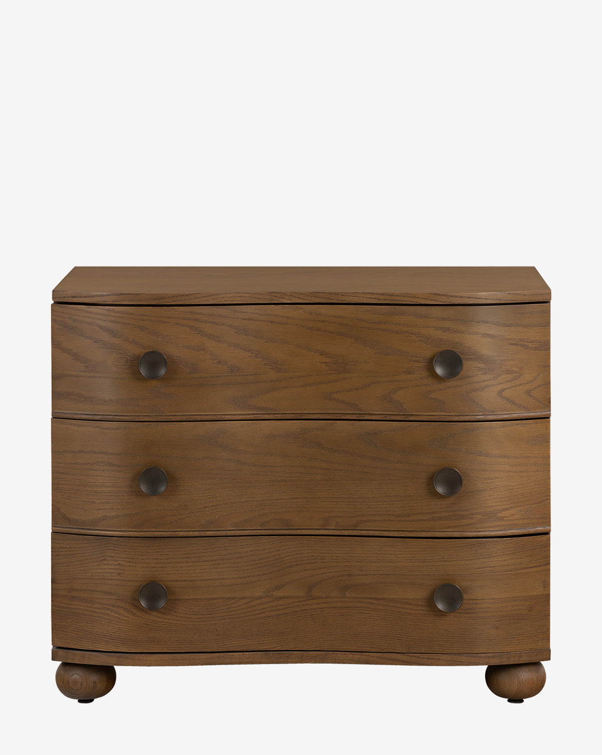 The Strasburg Nightstand is a wooden three-drawer dresser with round black metal knobs, rounded feet, and a natural wood grain finish—ideal for bedroom styling or as an antique nightstand, by Vendixs