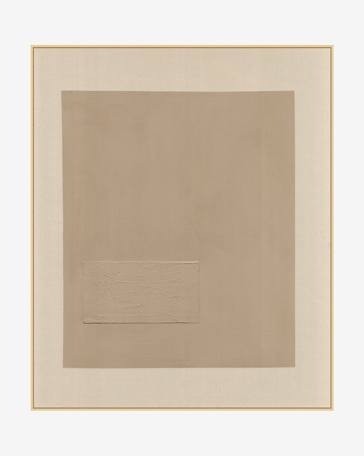 Study in Application is a minimalist, hand-painted abstract artwork with a large light beige square and textured rectangle on off-white canvas, framed in thin natural wood for added warmth and elegance, by Vendixs