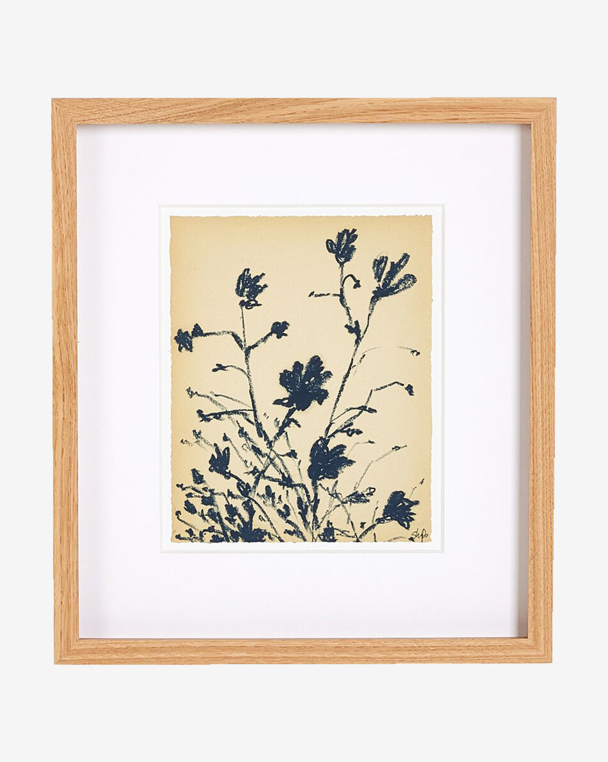 Summer Weed by Shaina Page: a gallery-quality artwork with minimalist dark blue botanical silhouettes on beige, framed in light wood with a wide white mat, by Vendixs