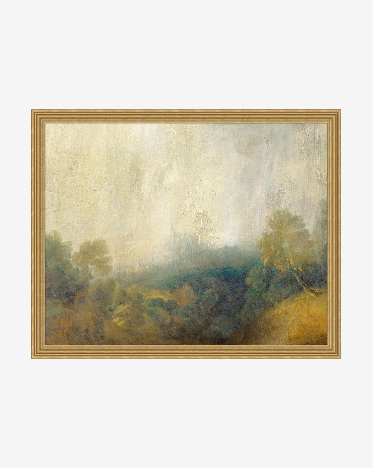 “Sunlit Valley” is a framed giclee on canvas painting of a misty landscape with trees and rolling hills, displaying soft, muted colors and a hazy effect in an antique gold frame, by Vendixs