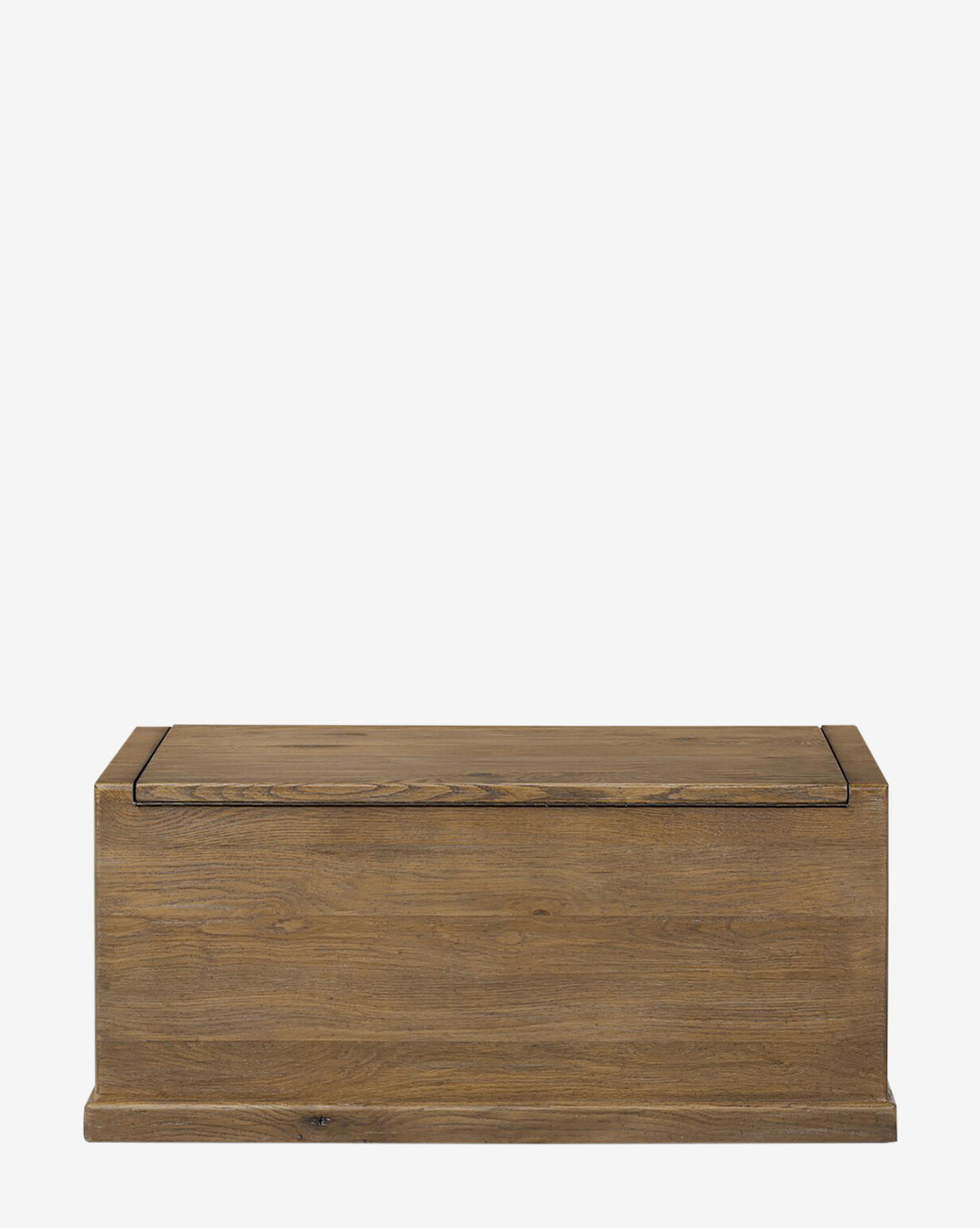 The Sutton Trunk is a rectangular storage chest with a flat lid and simple design, crafted from weathered oak, shown against a plain white background, by Vendixs