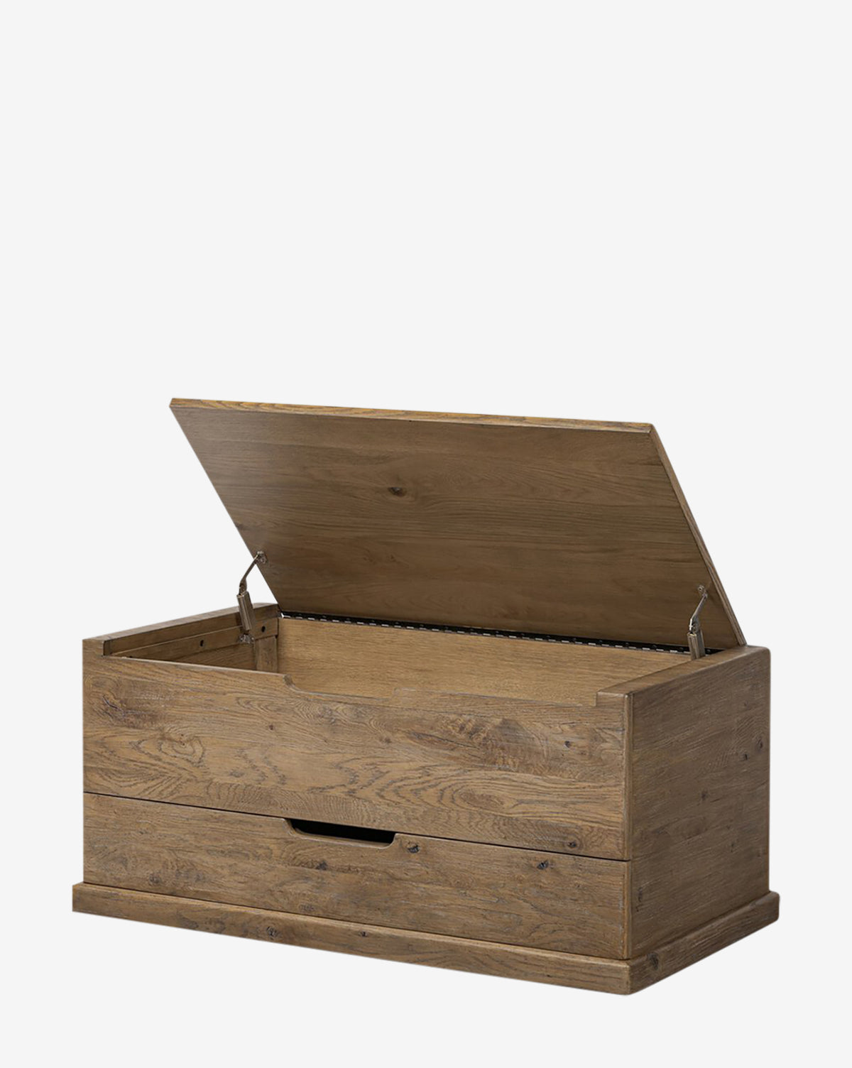 The Sutton Trunk is a weathered oak storage chest with a rustic finish, hinged lid, front handle, and flat base. Its partially open lid reveals the inner compartment against a plain white background, by Vendixs