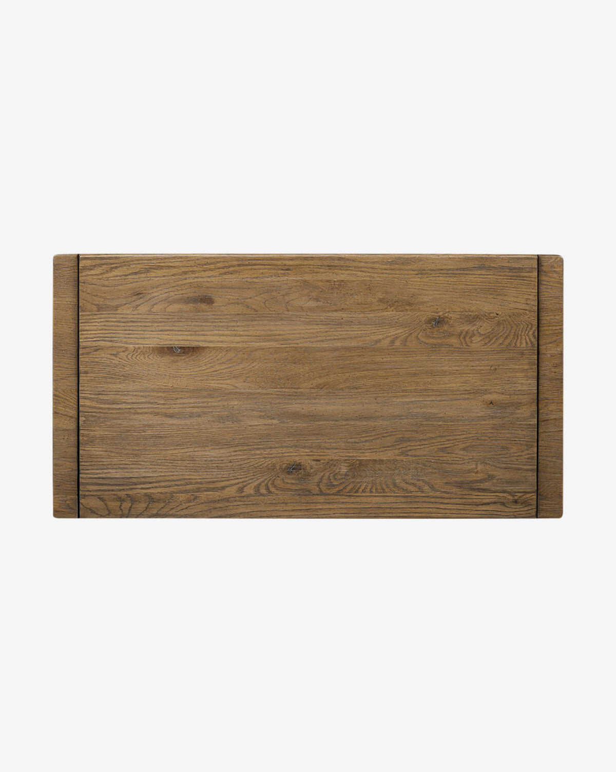 The Sutton Trunk features a rectangular wooden tabletop with a natural weathered oak grain finish, shown from above against a plain white background by Vendixs