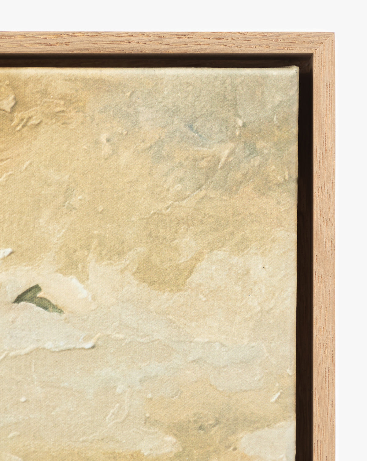 A close-up of the top right corner of the Swallows at Dusk canvas print shows textured beige and light brown hues, elegantly framed in white oak, by Vendixs