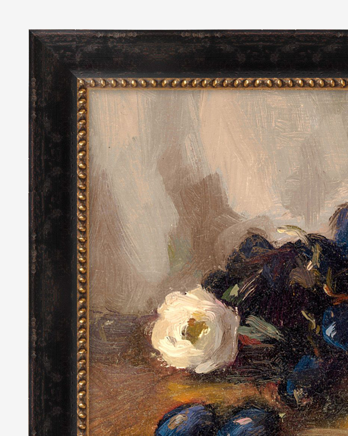 A close-up of “Tableside” by Joyce Washor reveals a white flower and deep purple-blue fruits on a muted background, all elegantly presented in an ornate dark frame with gold beaded detailing, by Vendixs